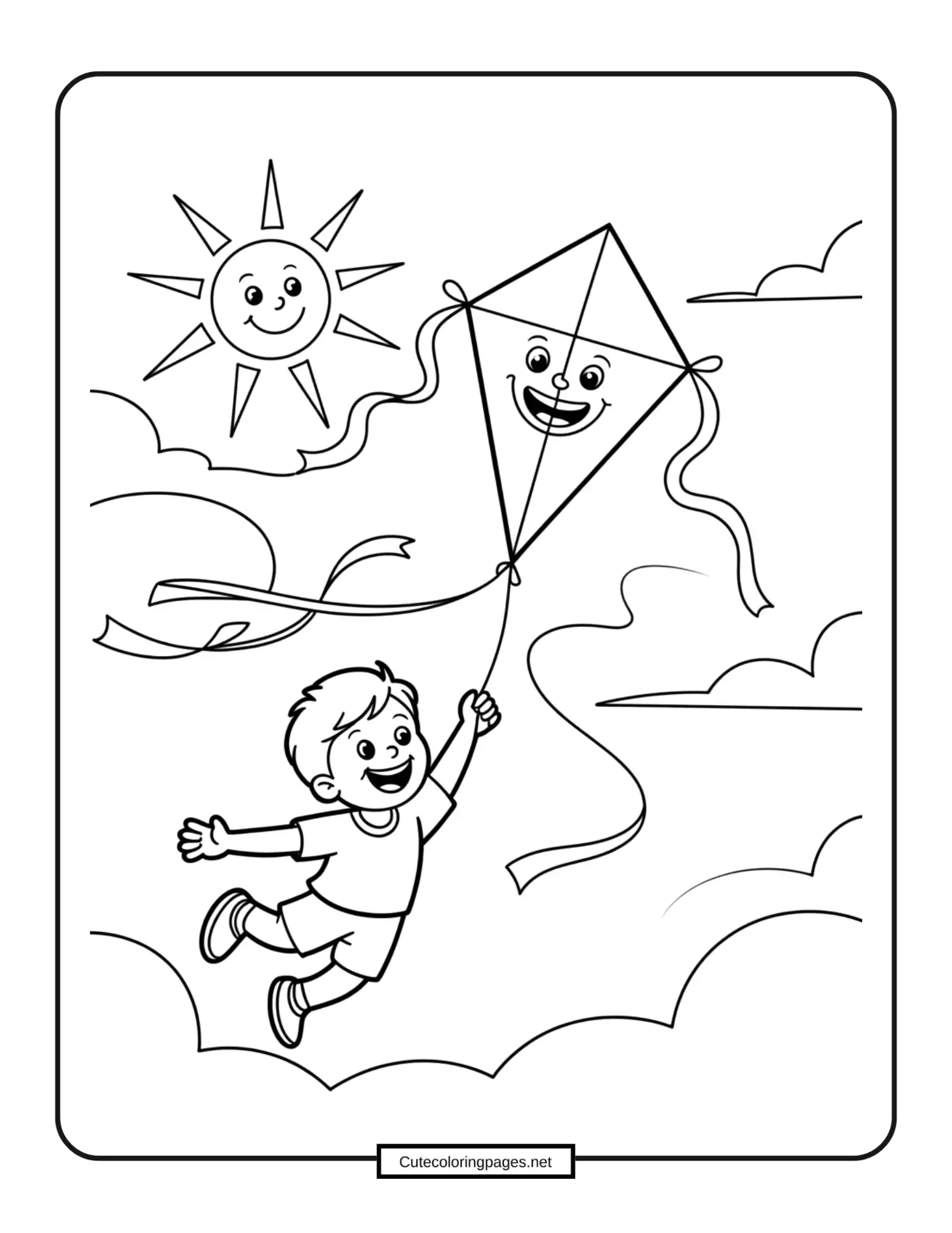 Kid Flying Kite Summer Coloring Page 