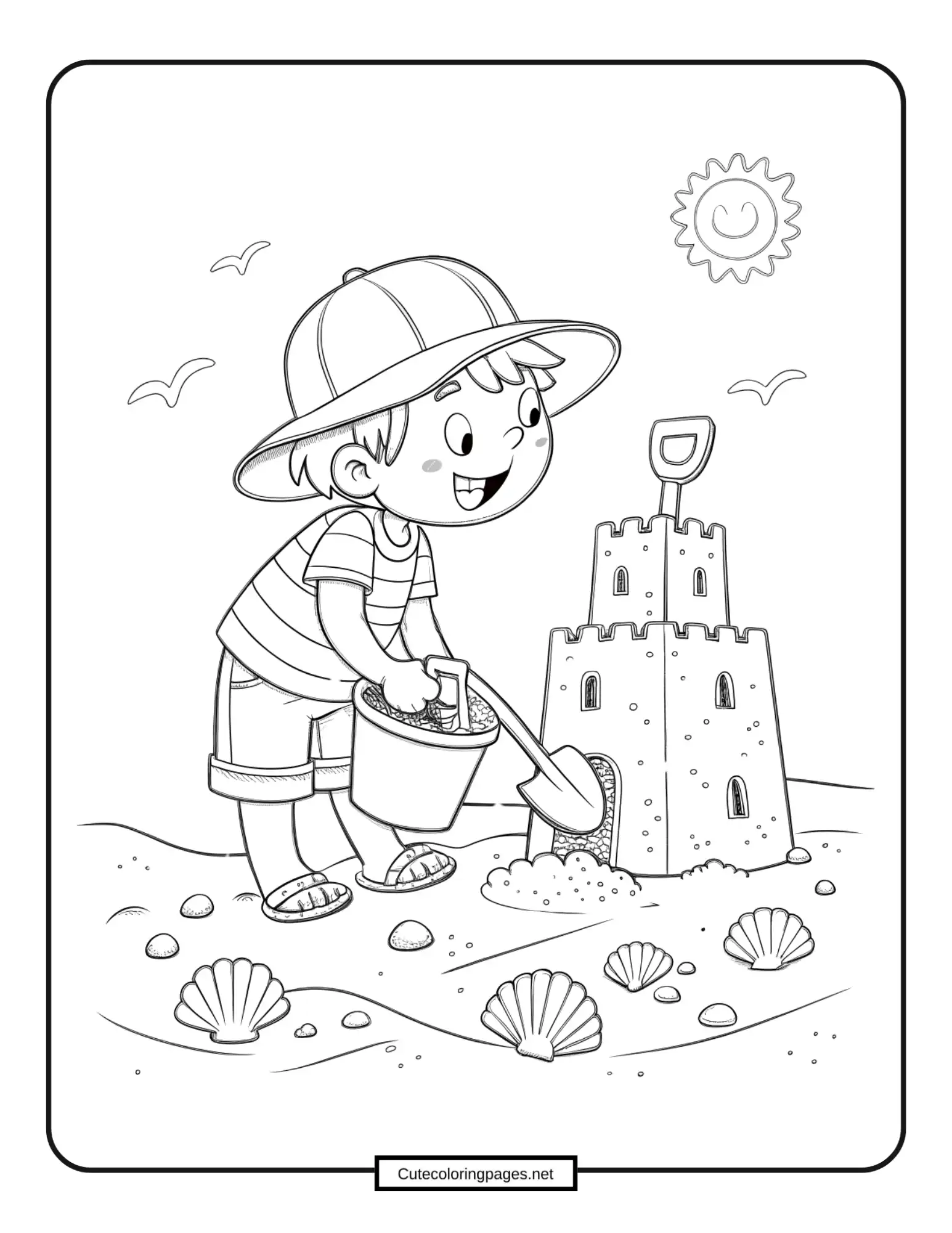 A Cheerful Kid Building castle summer coloring Page