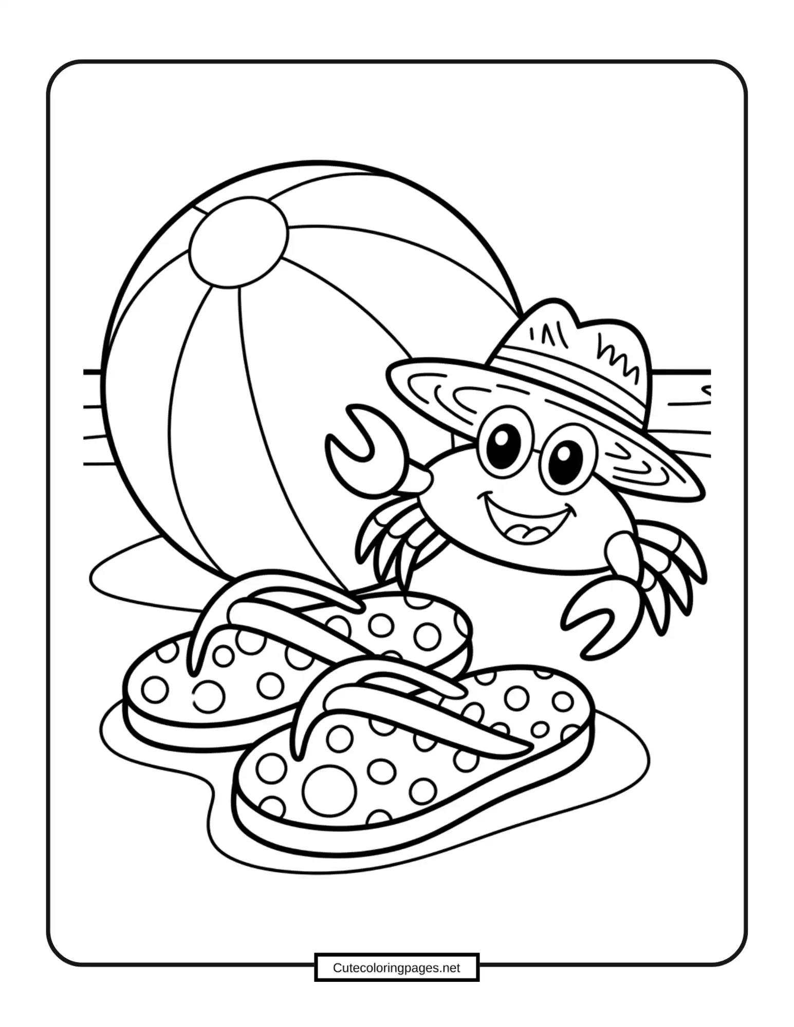 Crab and Beach Ball summer Coloring Page