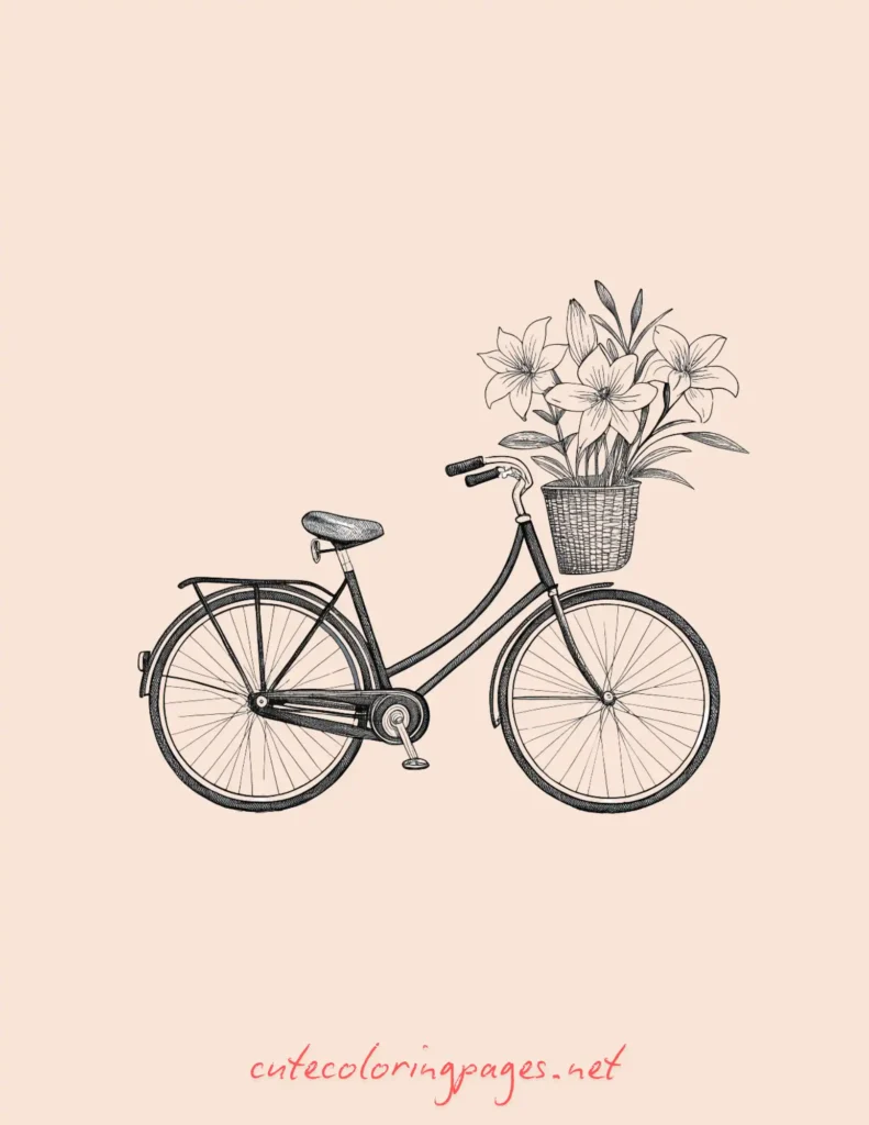 Aesthetic Drawing Ideas of Vintage-style bike drawing with a basket overflowing with flowers