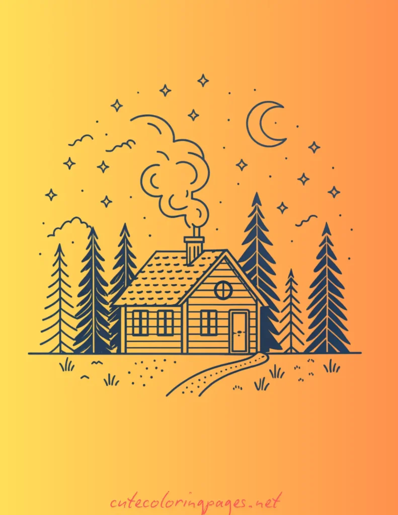 Aesthetic Drawing Ideas of Cottagecore log cabin surrounded by trees under a starry night sky