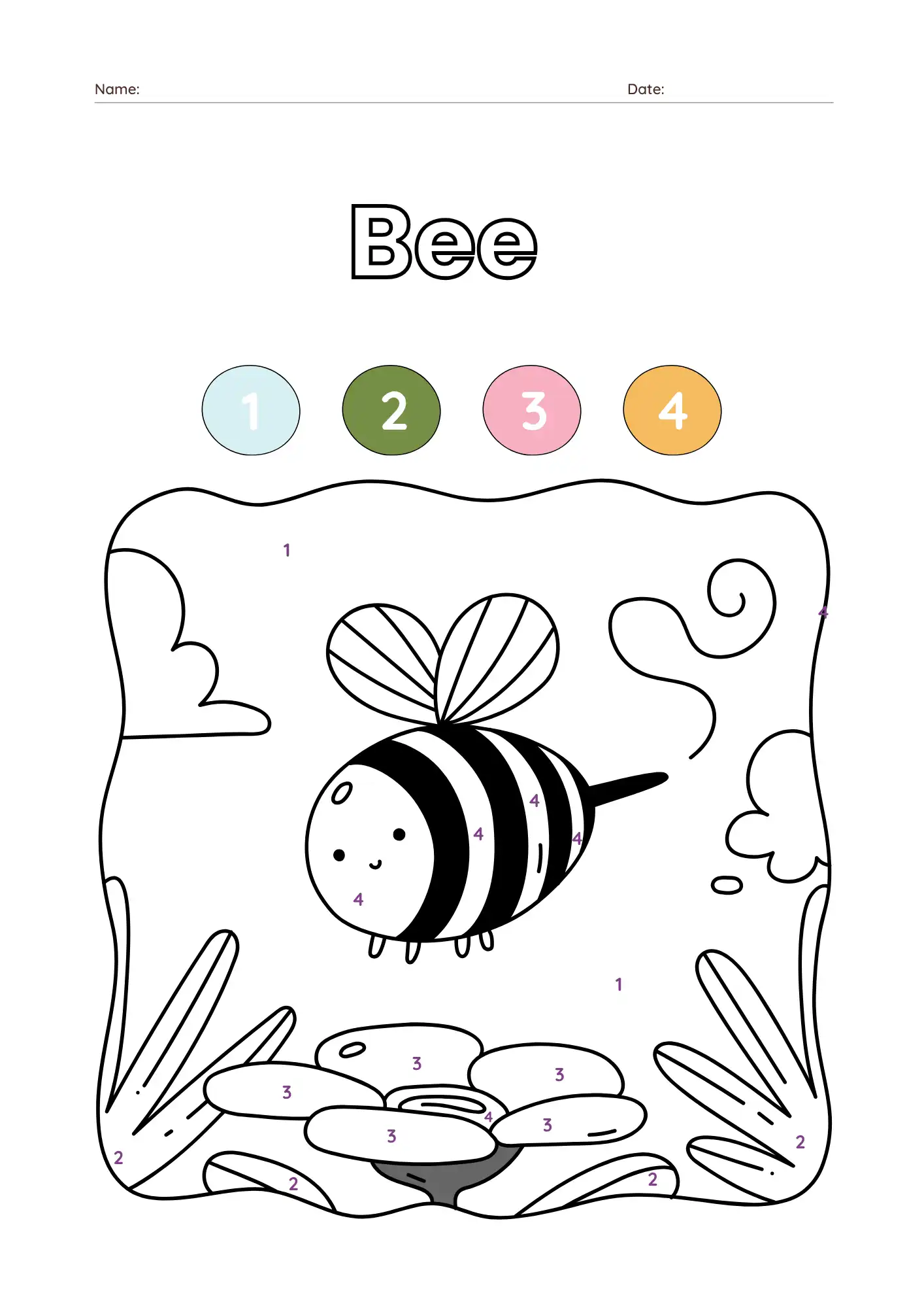 Bee Color by Number – Easy Animal Worksheet for Preschoolers