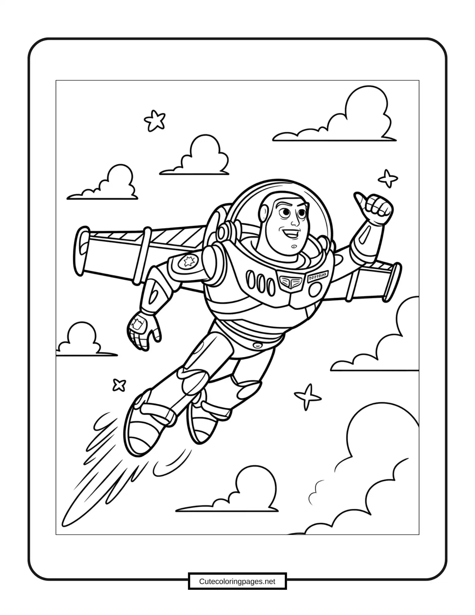 Buzz Lightyear coloring page – Buzz Lightyear flying with wings extended, space suit details