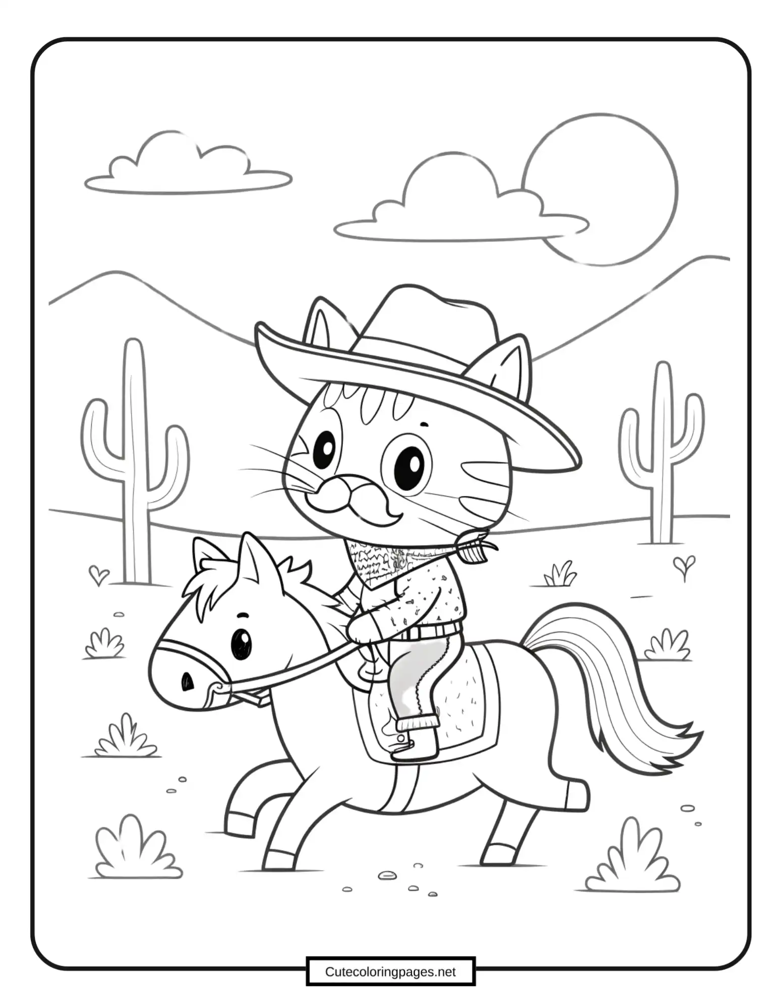 Cowboy kitten in boots and hat – Western-themed coloring sheet