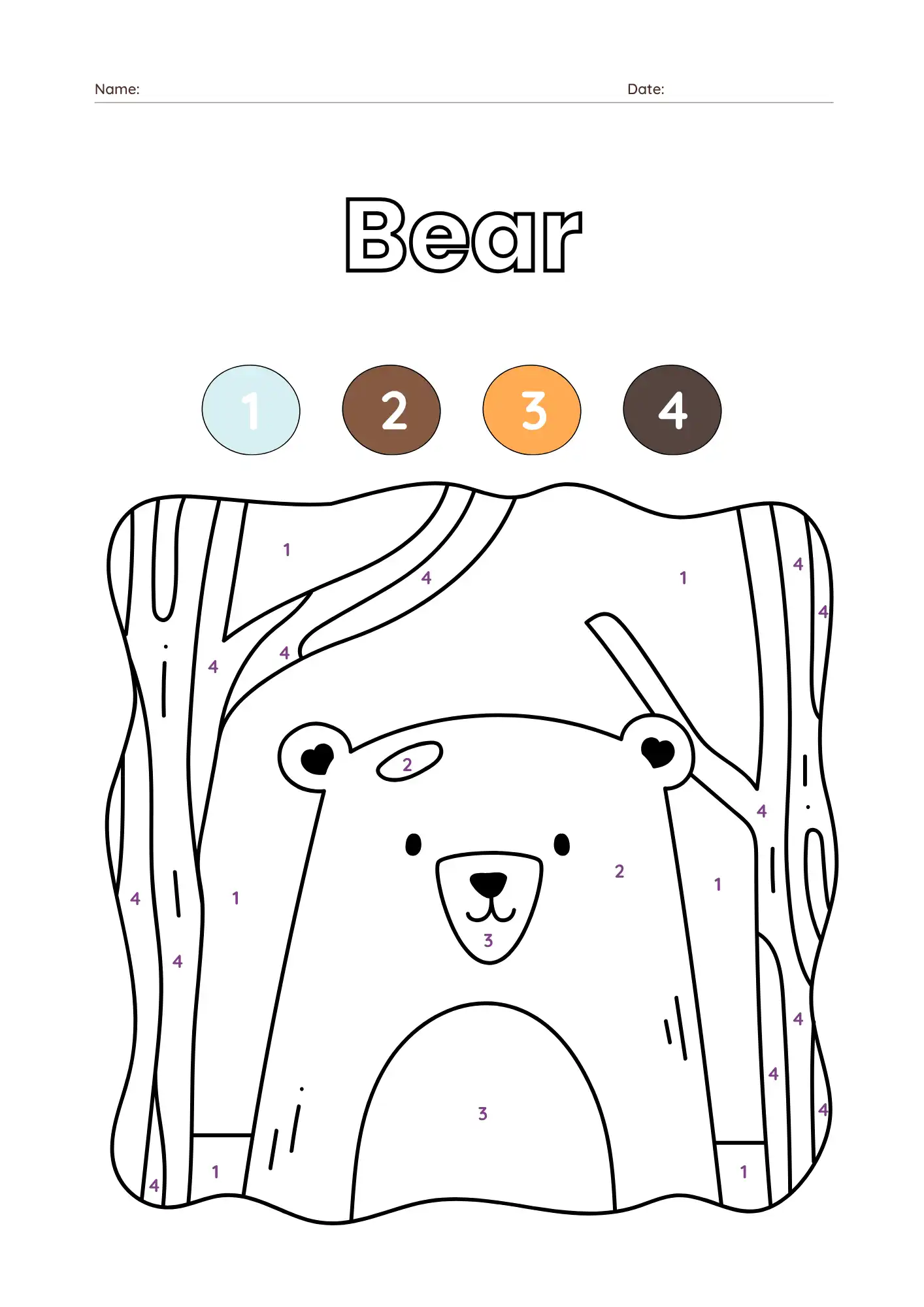 Cute Bear Color by Number Animal Worksheet