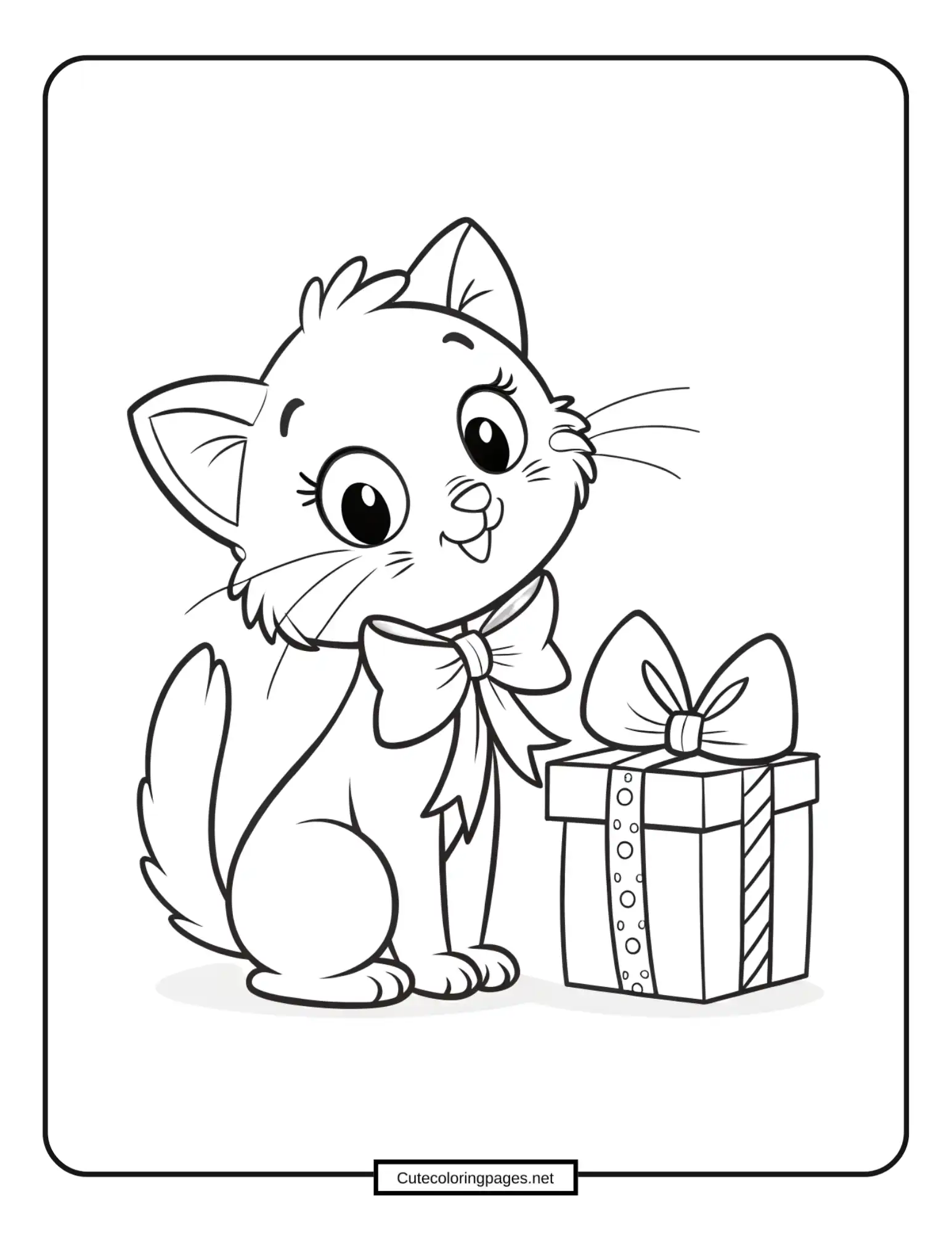 Kitten holding a wrapped gift – birthday or holiday coloring activity