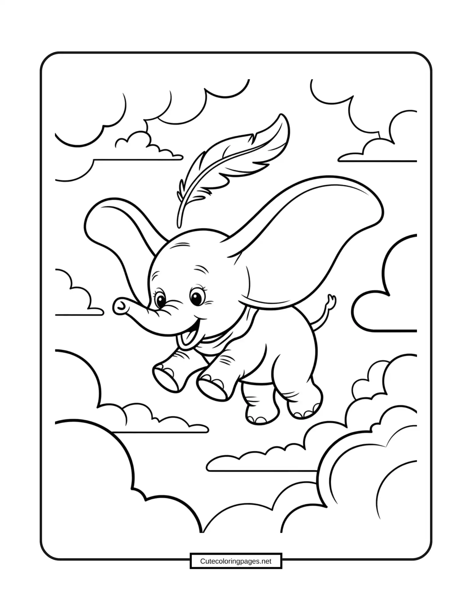 Dumbo flying with feather – Dumbo soaring through the sky holding a magic feather