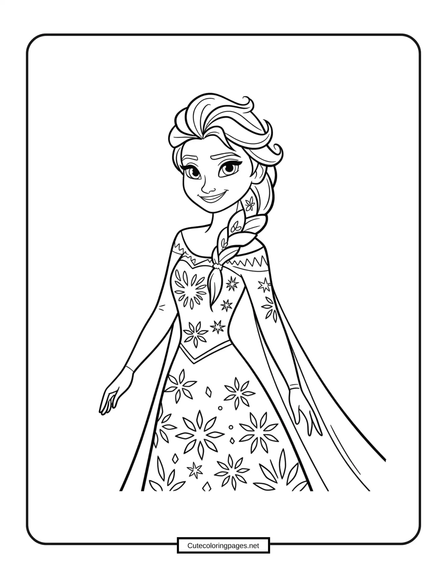 Elsa from Frozen coloring page – Elsa casting snow magic with icy gown and braid
