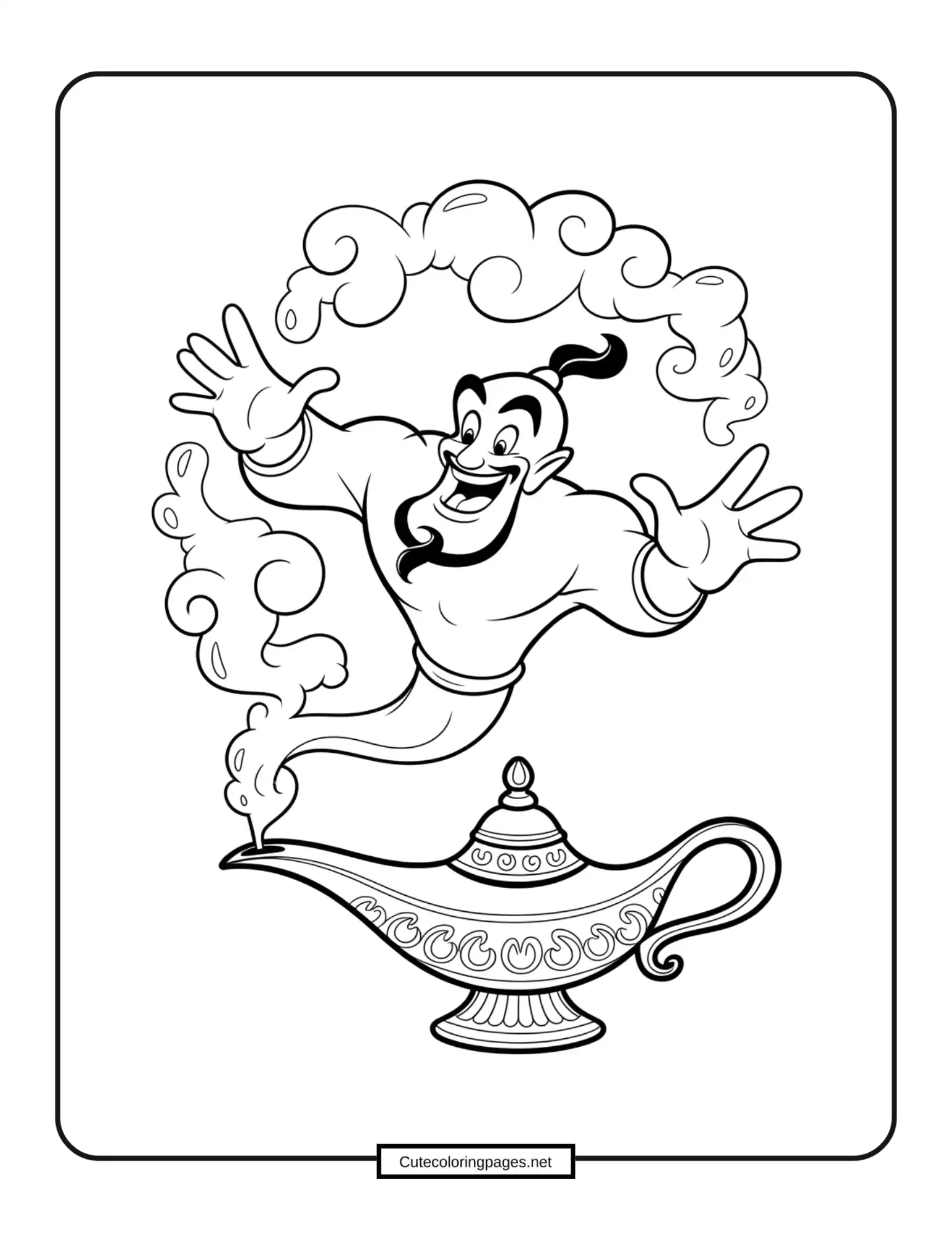 Genie from the Lamp coloring page – Genie with big smile and magical swirls