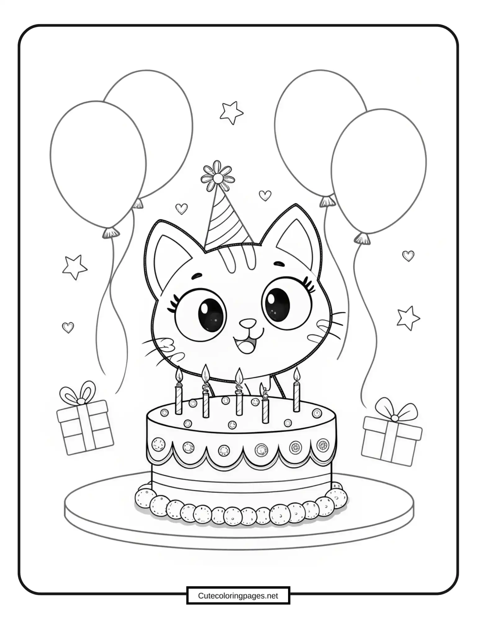 Birthday kitten with balloons and cake – celebration coloring page