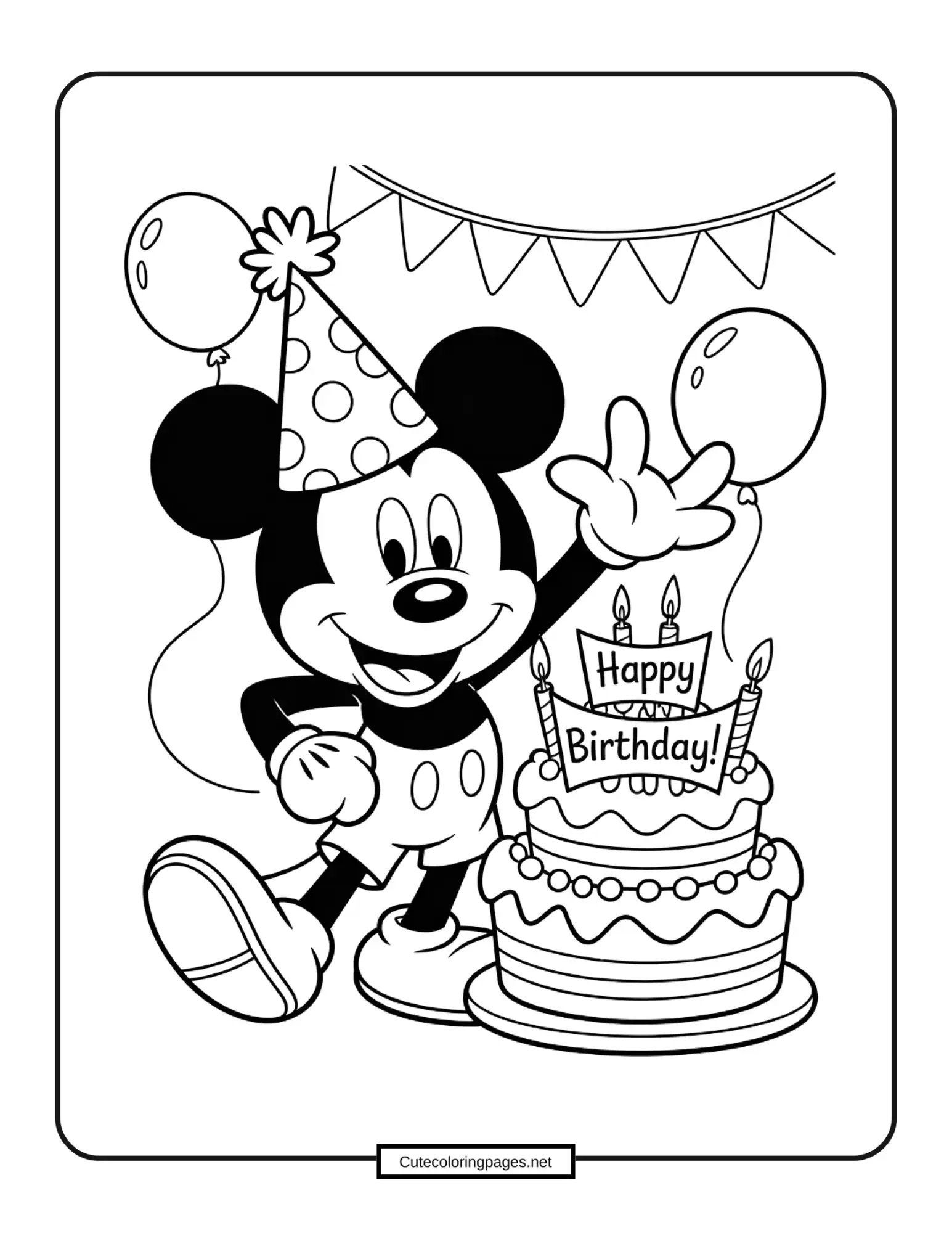 Happy Birthday Mickey – Mickey Mouse with balloons, cake, and birthday decorations