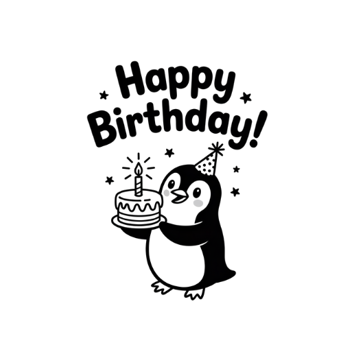 happy birthday penguin drawing with cupcake and hat