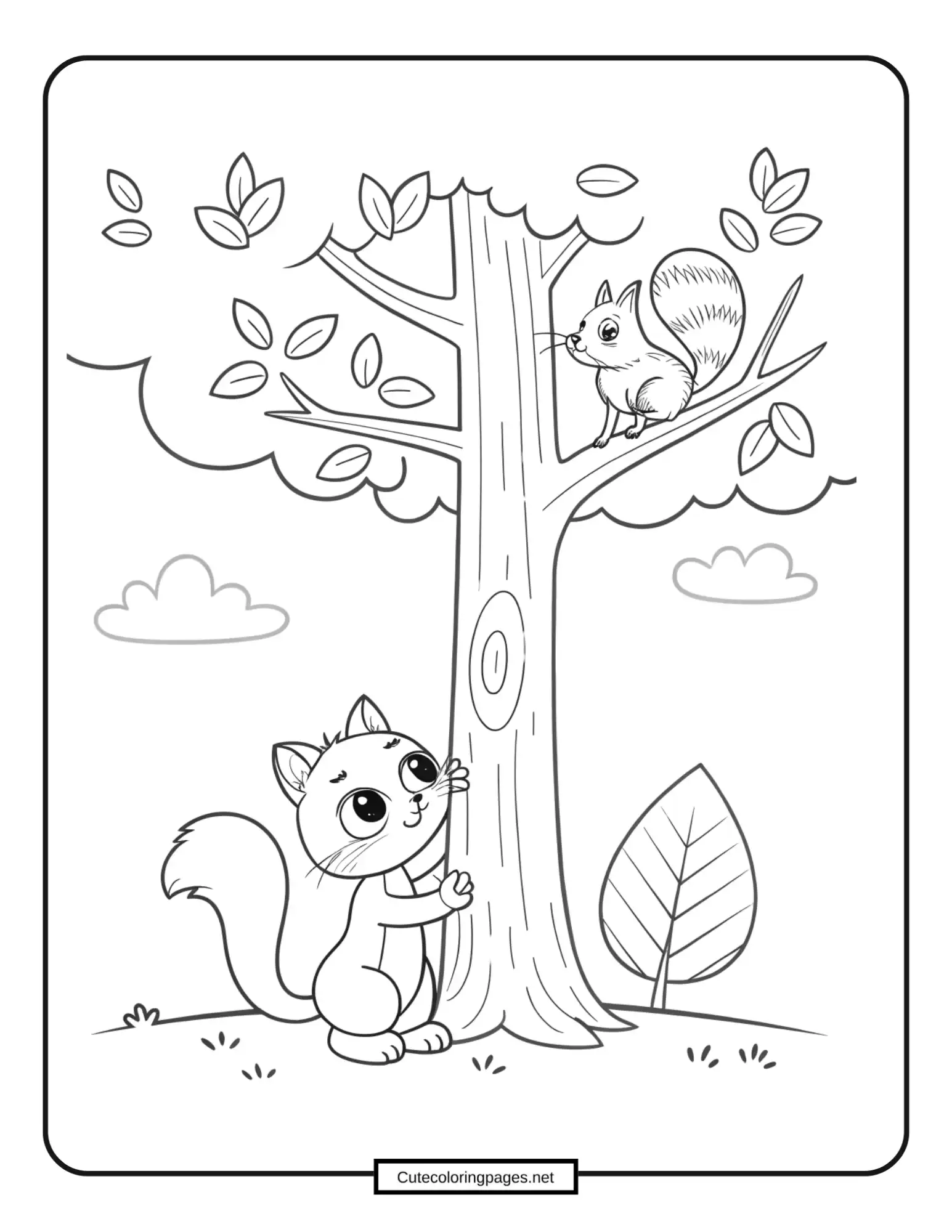 Kitten Chasing Squirrel Coloring Page