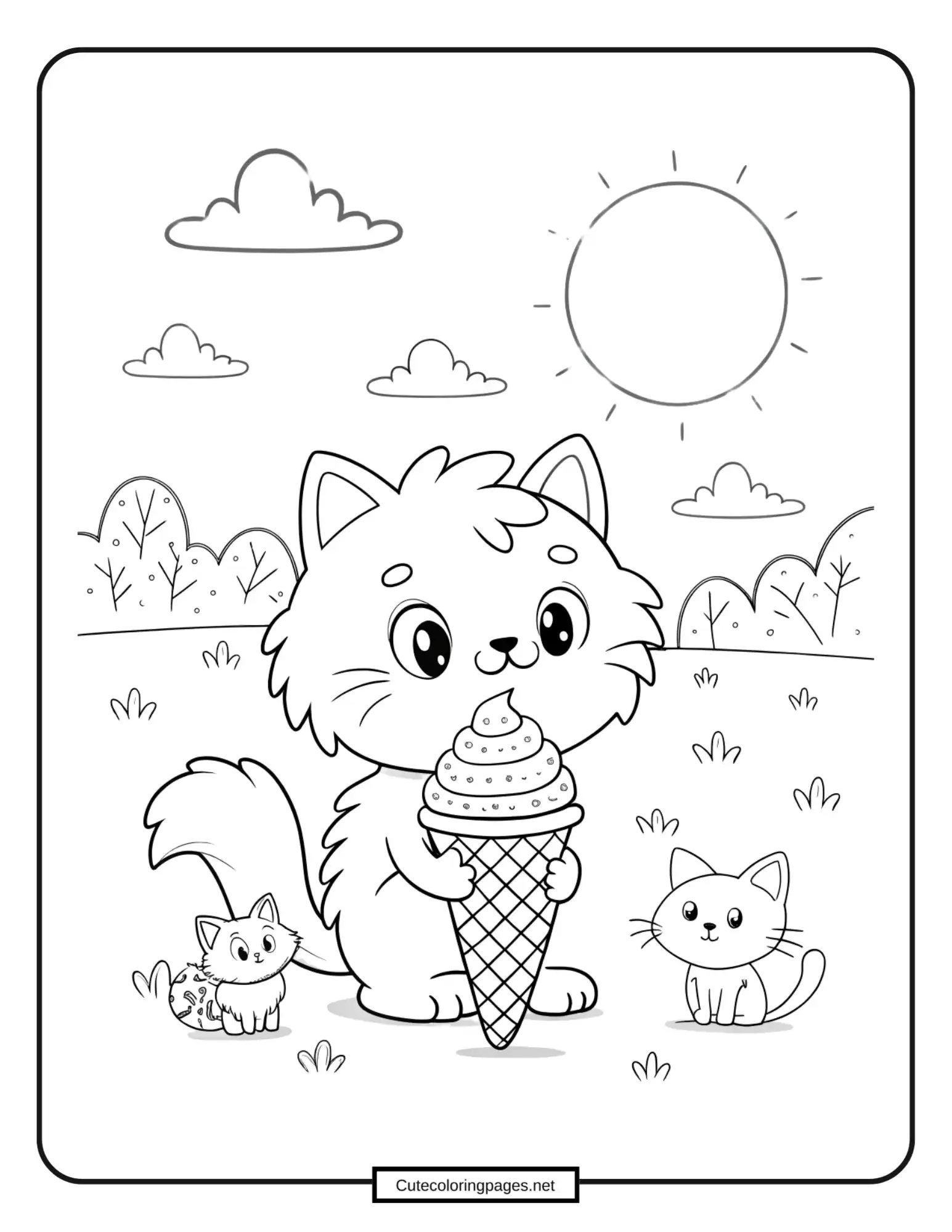 Kitten Enjoying Ice Cream Coloring Sheet Printable