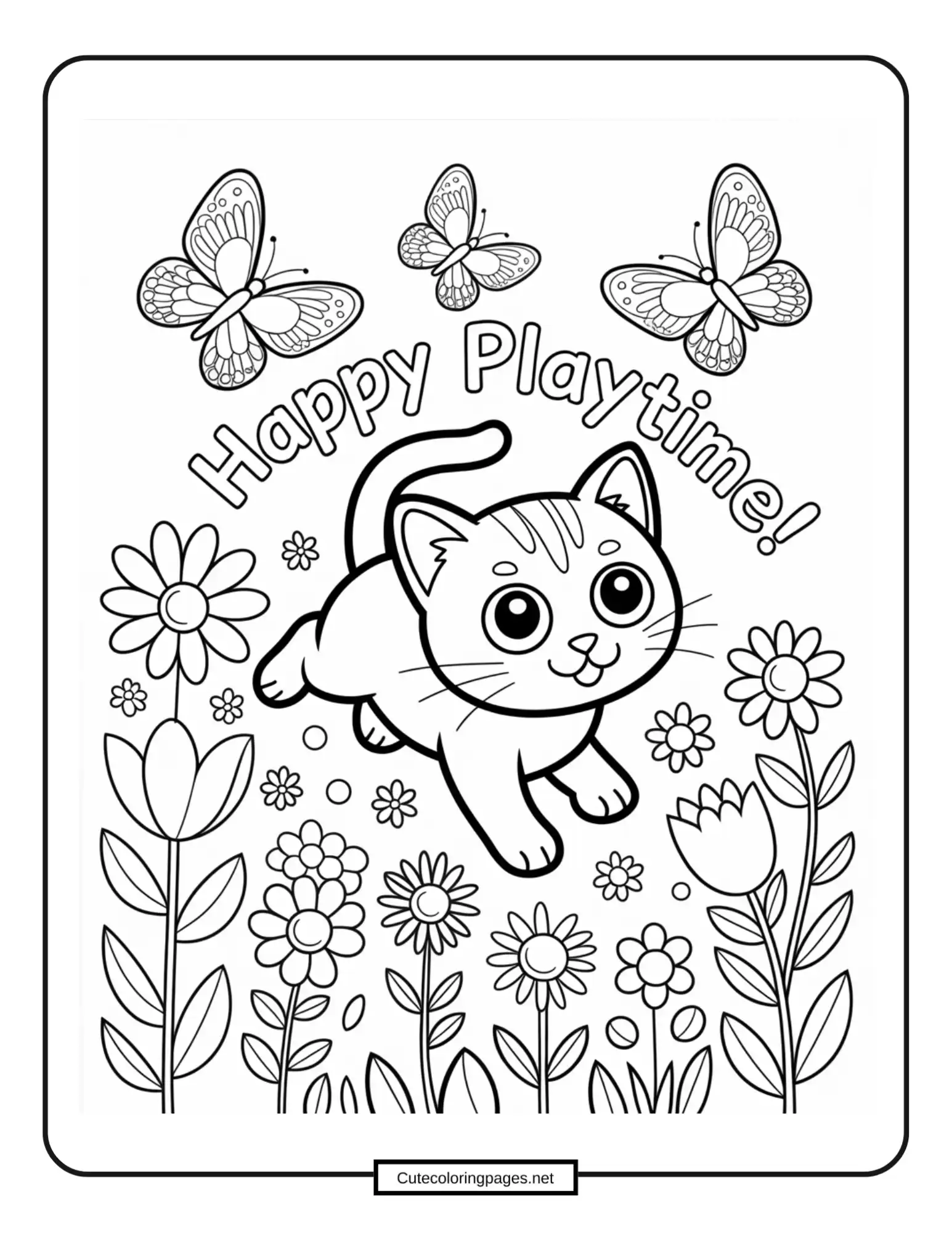 Kitten playing with toys and yarn – energetic coloring sheet