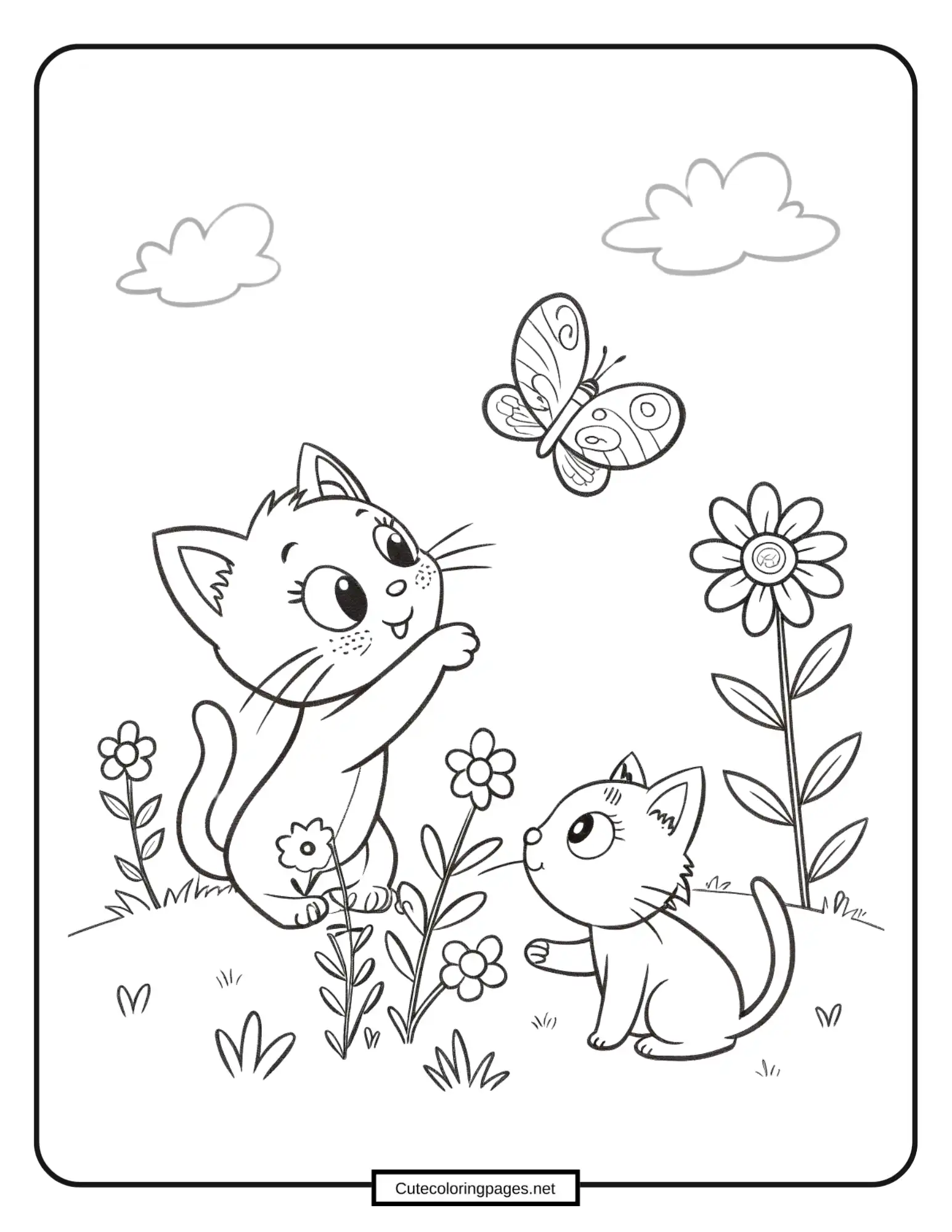 Two kittens in a flower-filled garden – spring coloring sheet