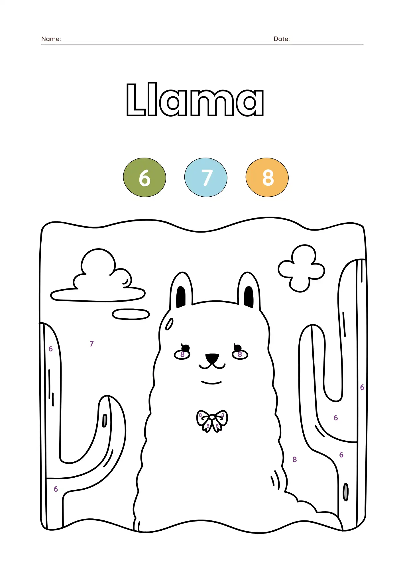 Llama Color by Number Printable for Kids Ages 6–11