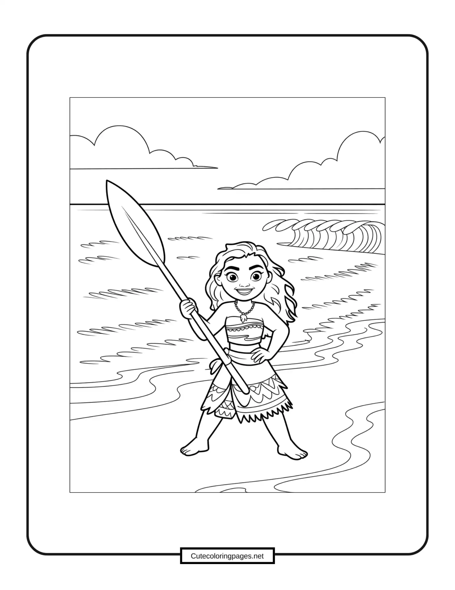 Moana coloring page – Moana standing on the beach with the ocean behind her