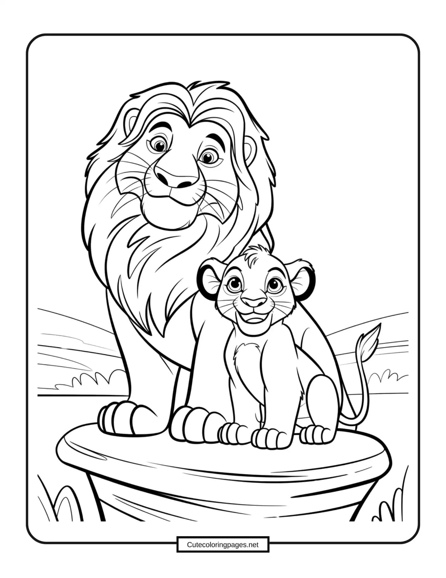 Mufasa and Simba coloring page – Mufasa with young Simba overlooking the Pride Lands