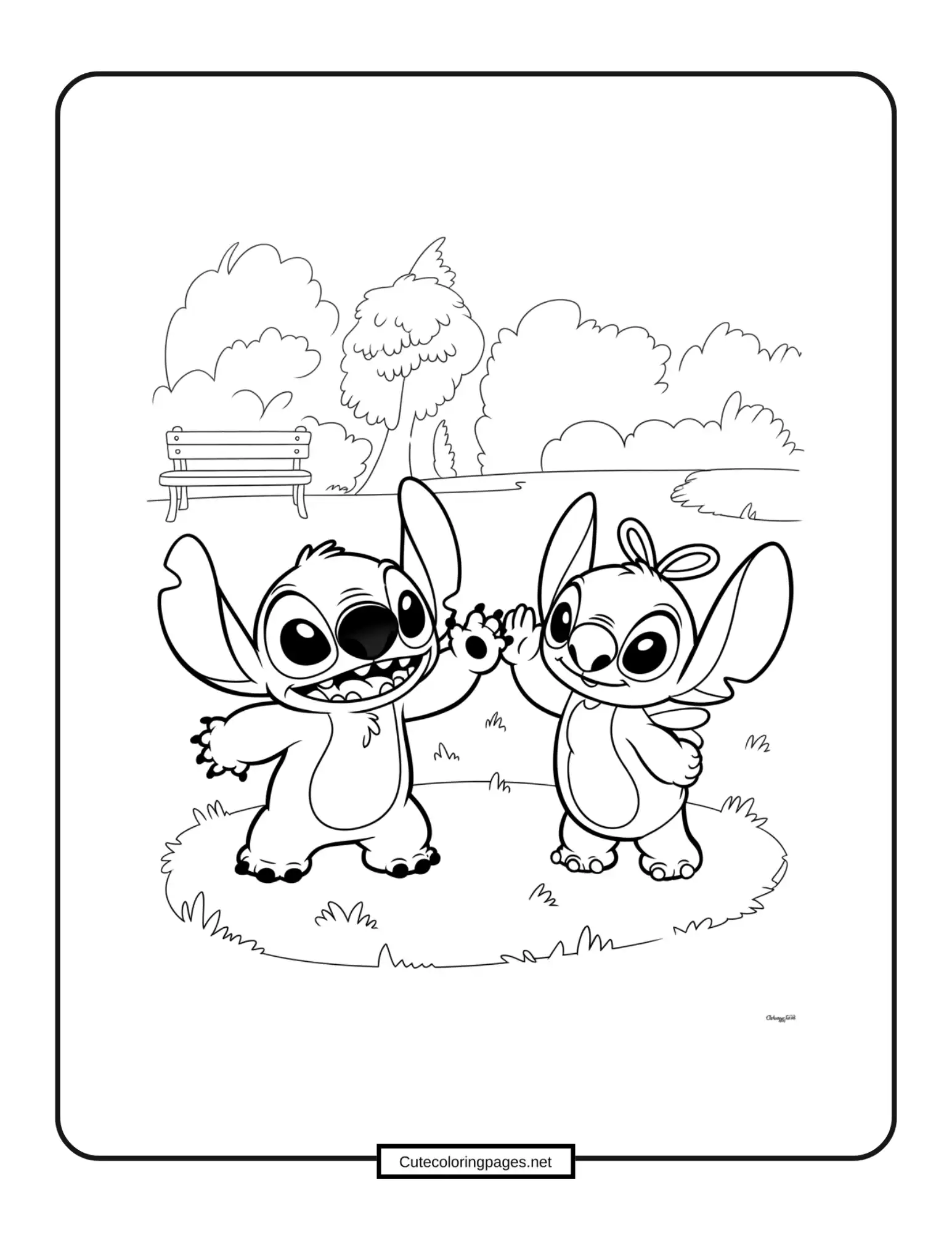 Stitch and Angel in the park – Stitch and Angel playing together in a tropical park