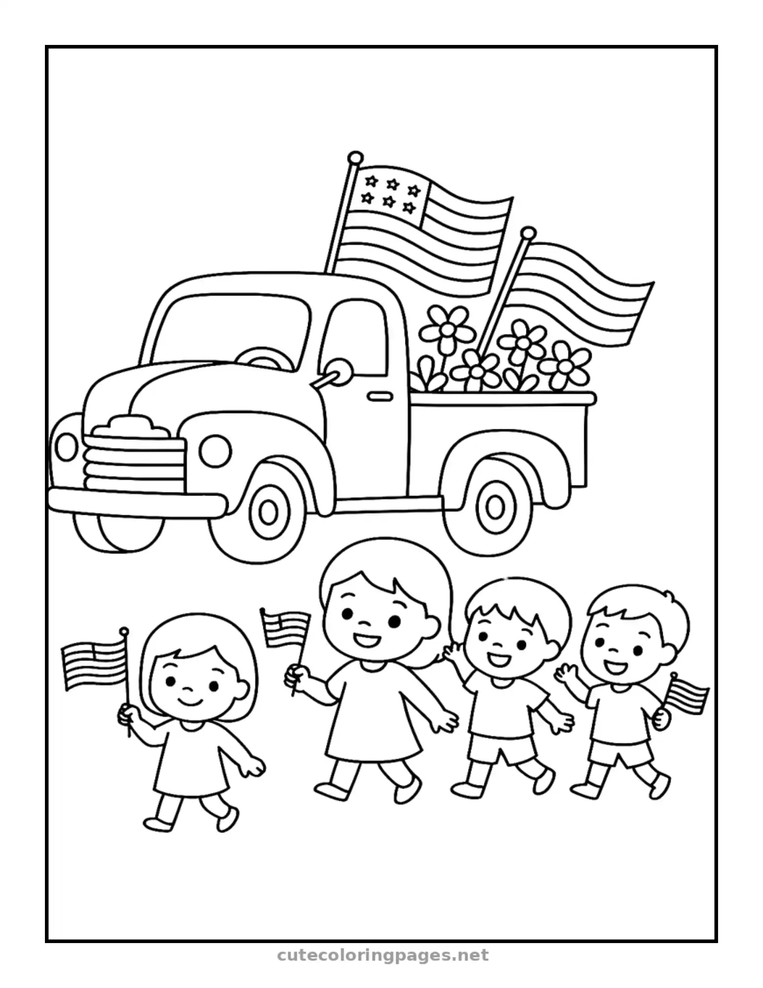 Parade truck with kids and American flags, 4th of July coloring page for children