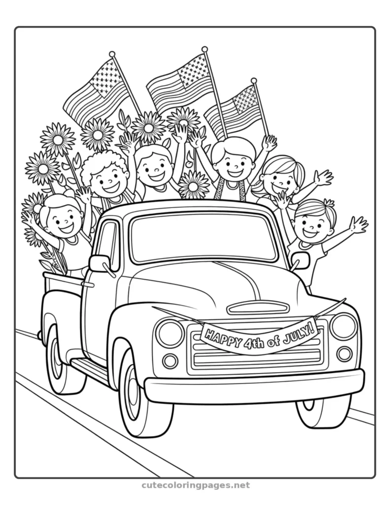 4th of July coloring pages Parade Truck with Kids & Flags – Coloring Page