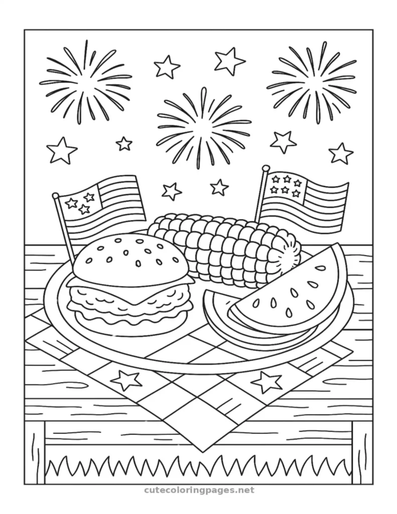 Picnic feast with classic American foods, printable 4th of July coloring page for kids