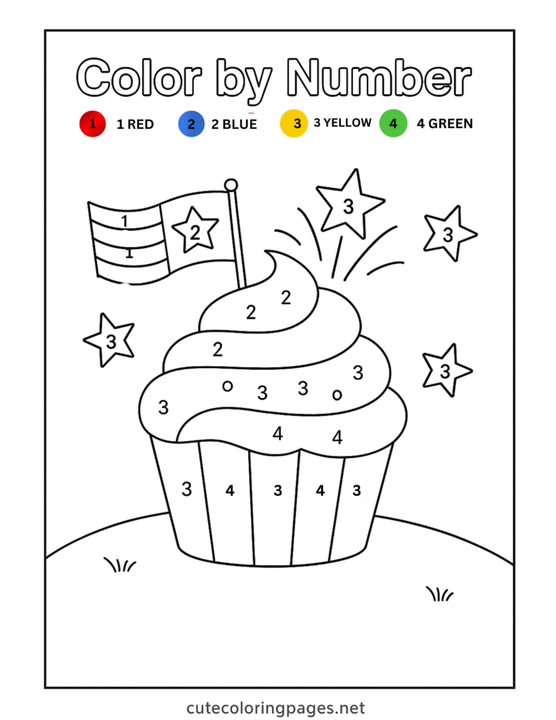 4th of July cupcake color by number worksheet for kids