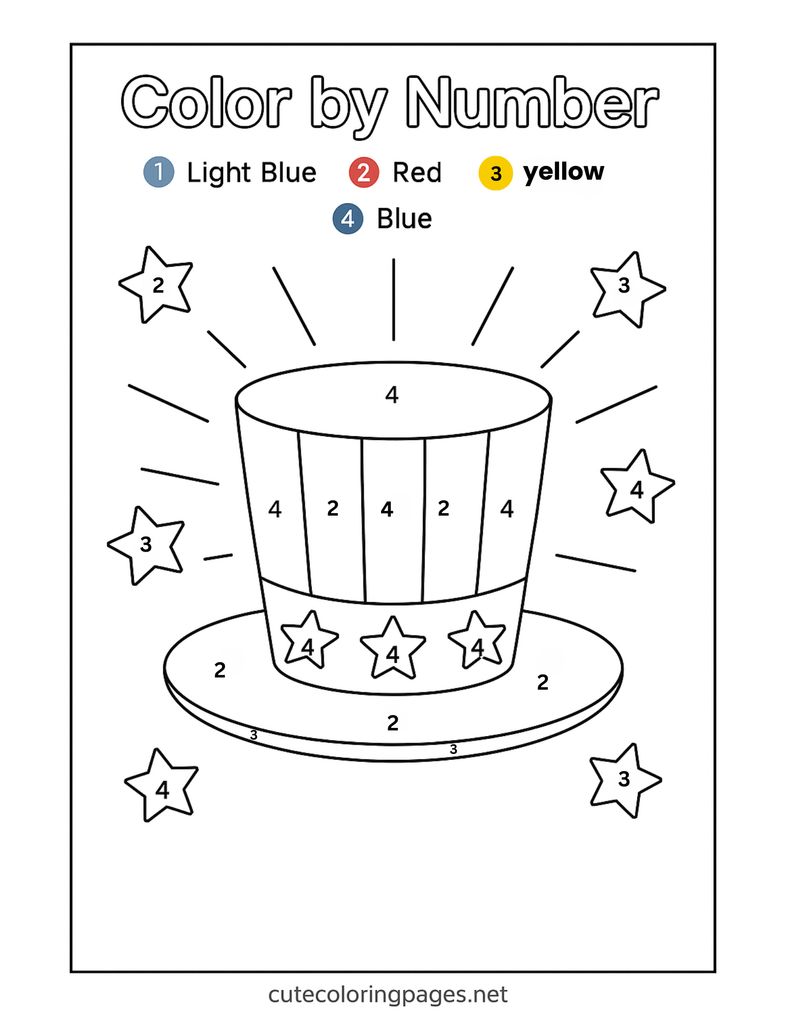 Patriotic 4th of July top hat color by number coloring page for kids