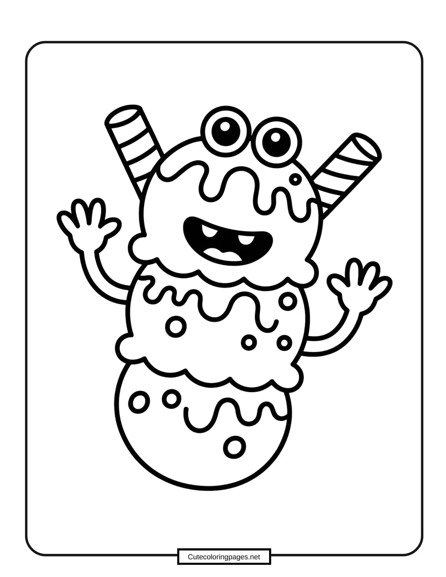 Adorable ice cream monster with big eyes, printable coloring sheet