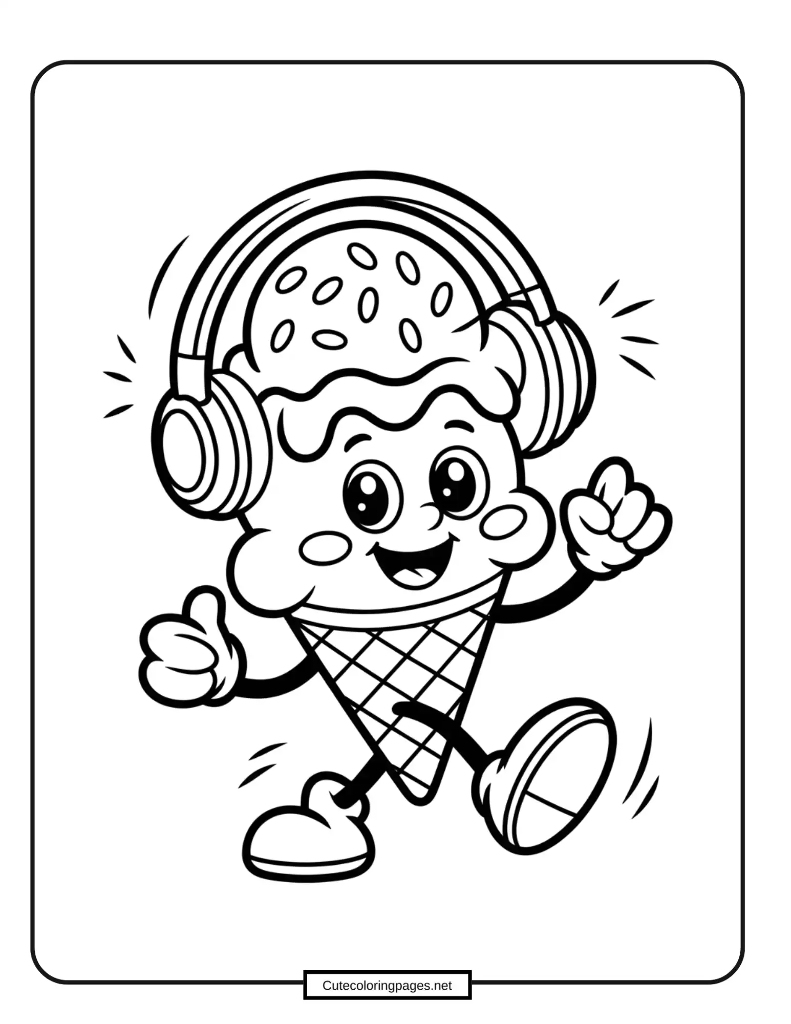 Ice cream cone dancing with joy, printable coloring sheet
