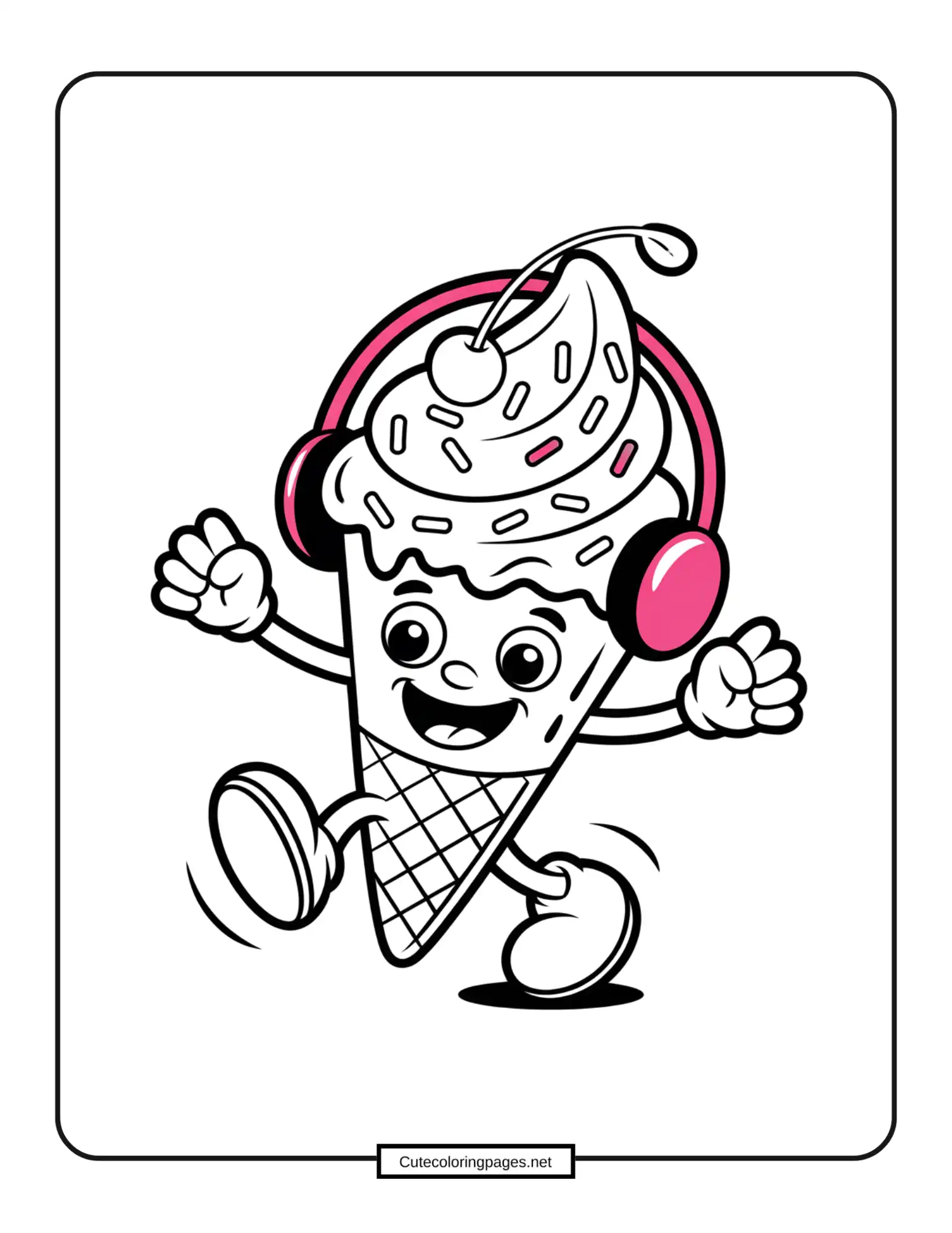 Dancing ice cream cone wearing headphones, music-themed coloring page