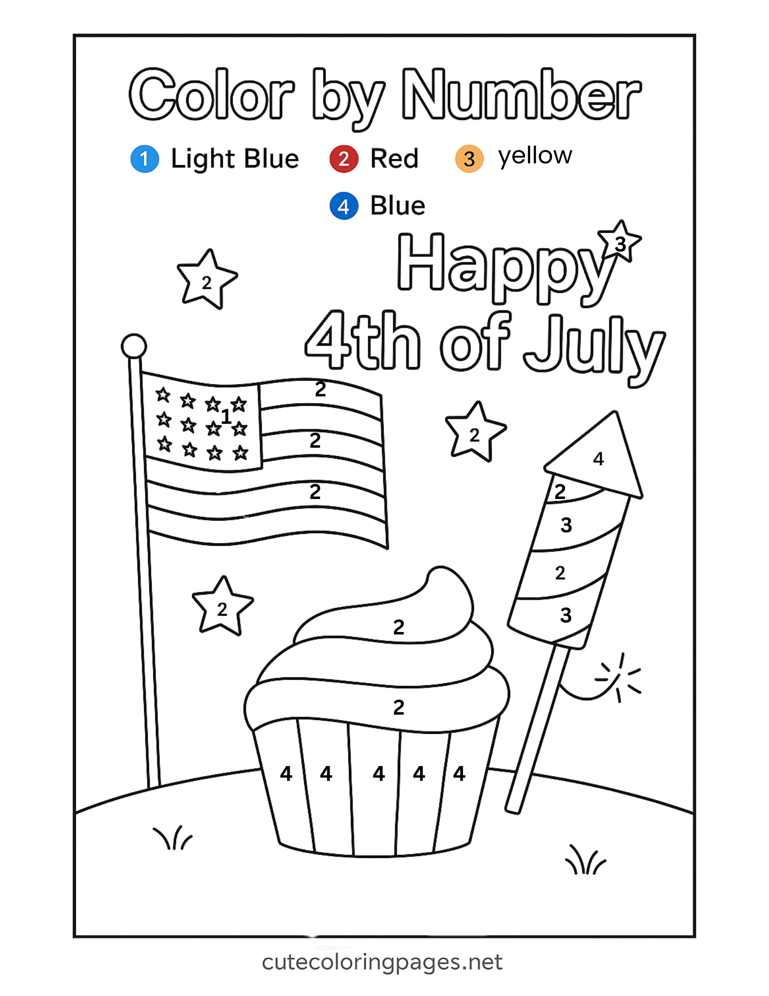 Happy 4th of July cupcake, firework, and flag color by number page for kids