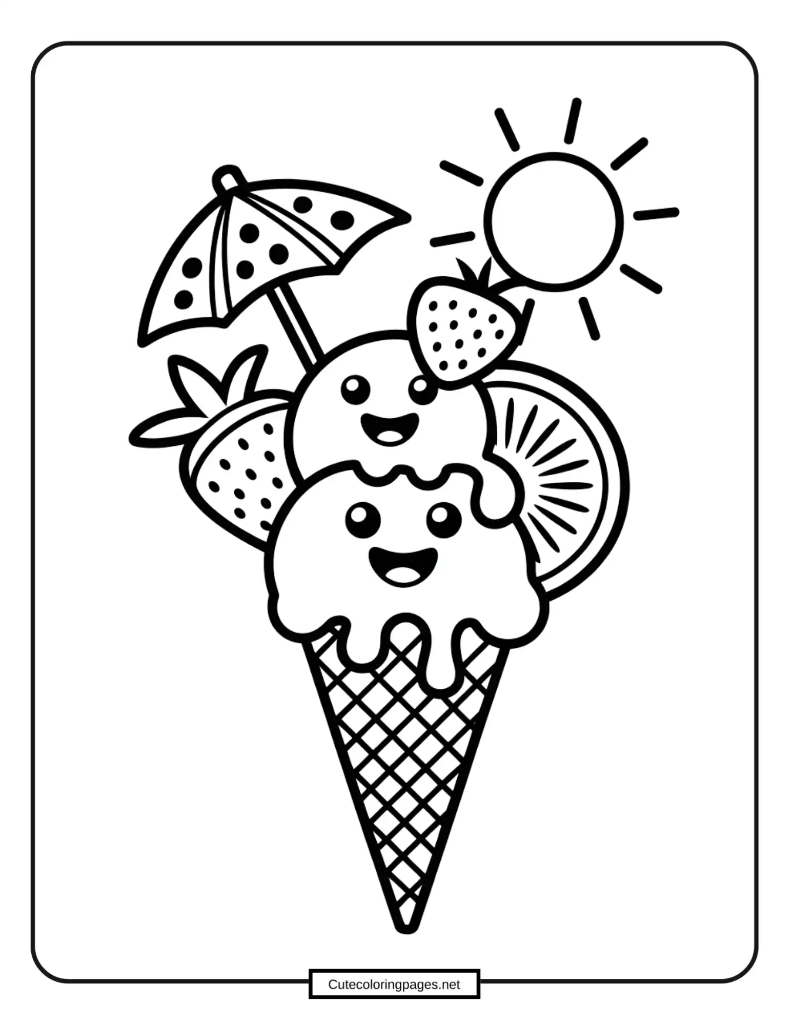 Two happy ice cream cone friends, printable coloring page
