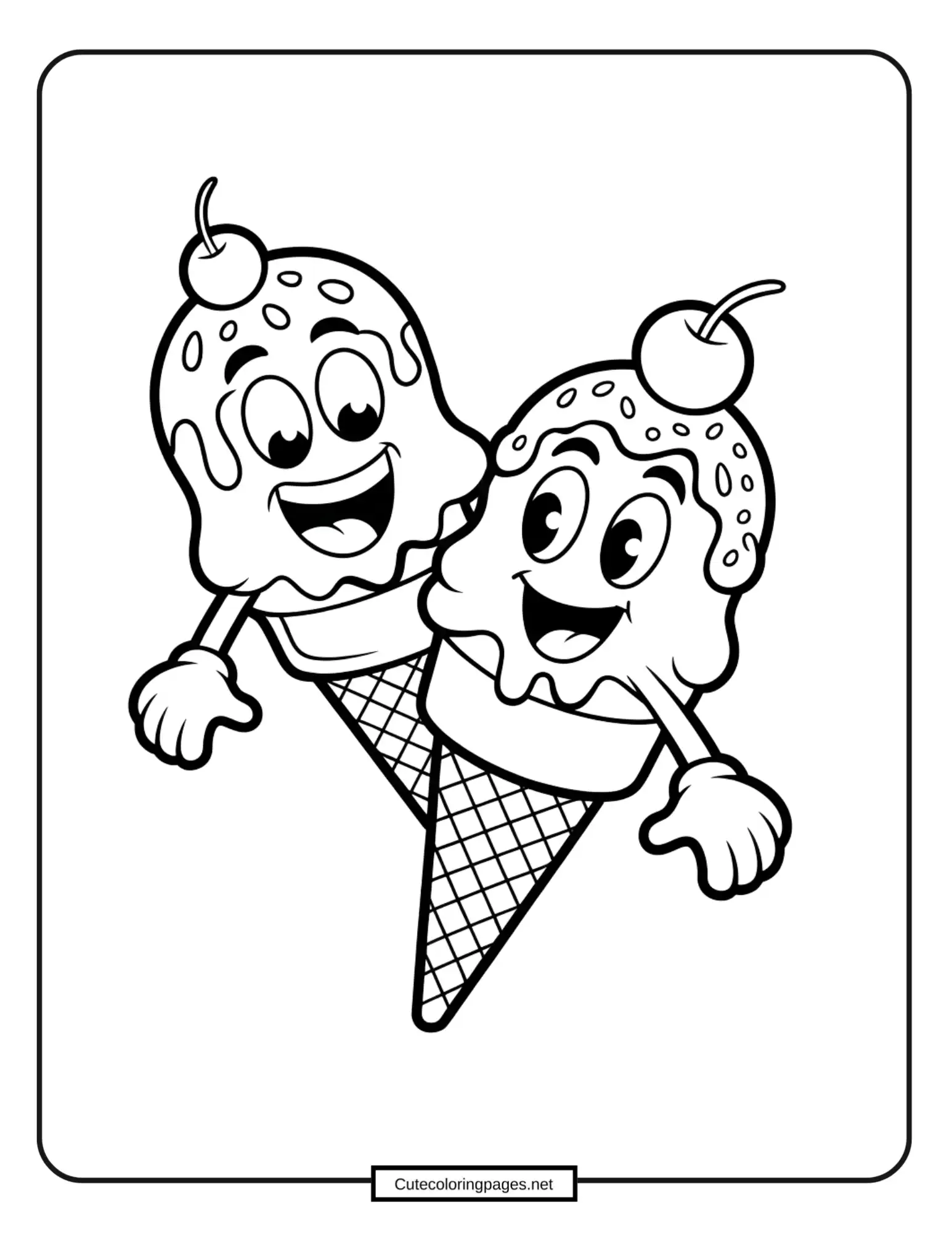 Ice cream cone friends with cherries on top, coloring sheet