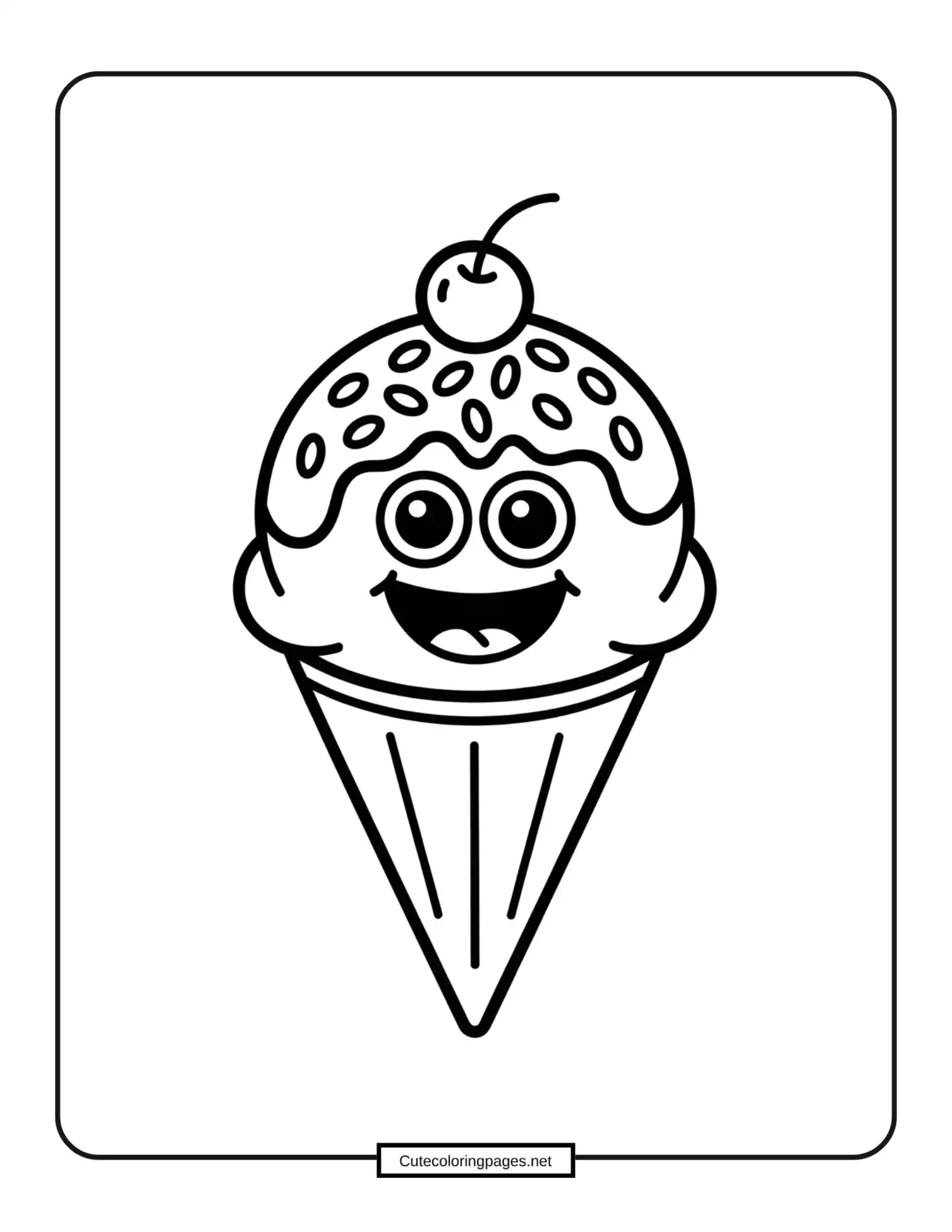 Smiling ice cream cone with sprinkles and cherry, printable coloring page