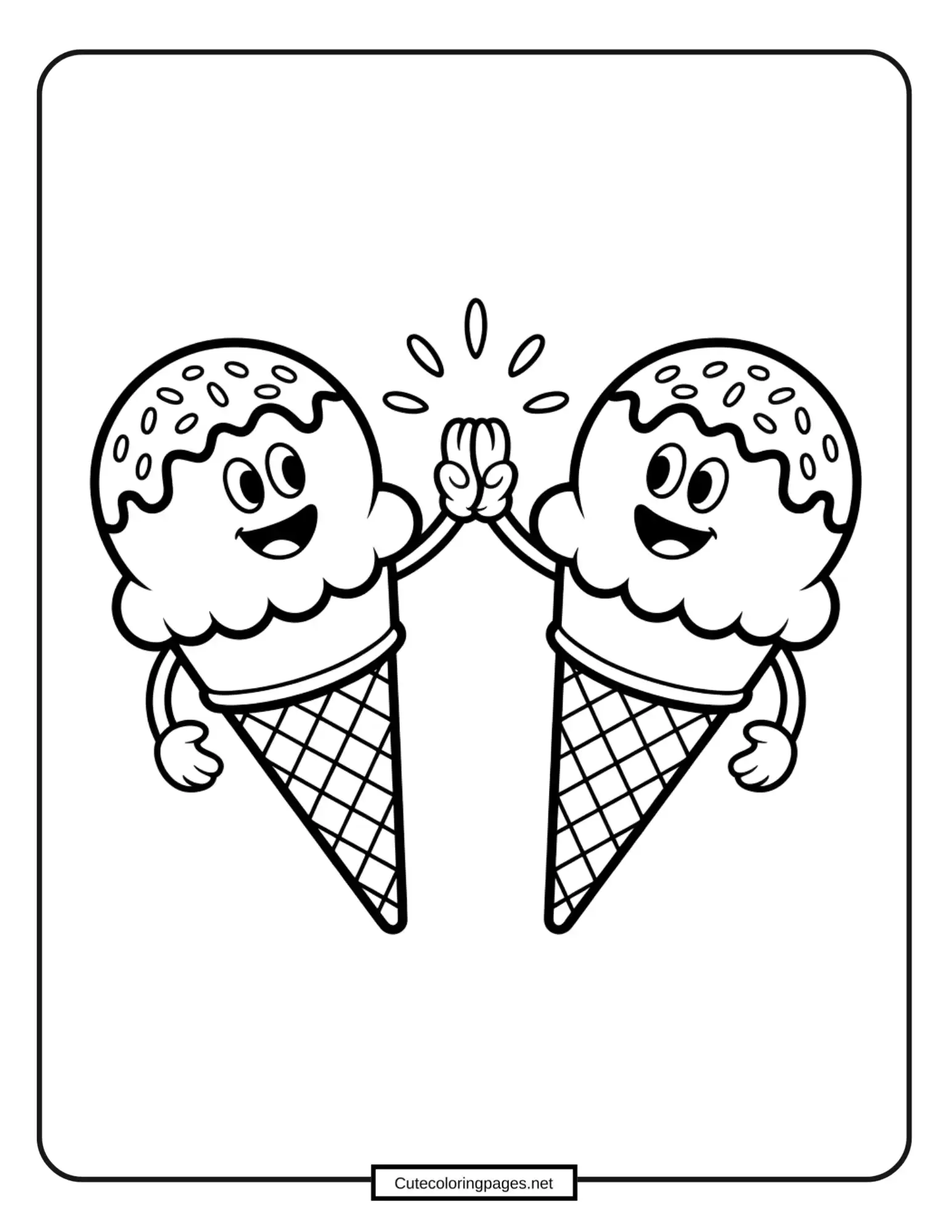 Two ice cream cones giving a high five, fun coloring page