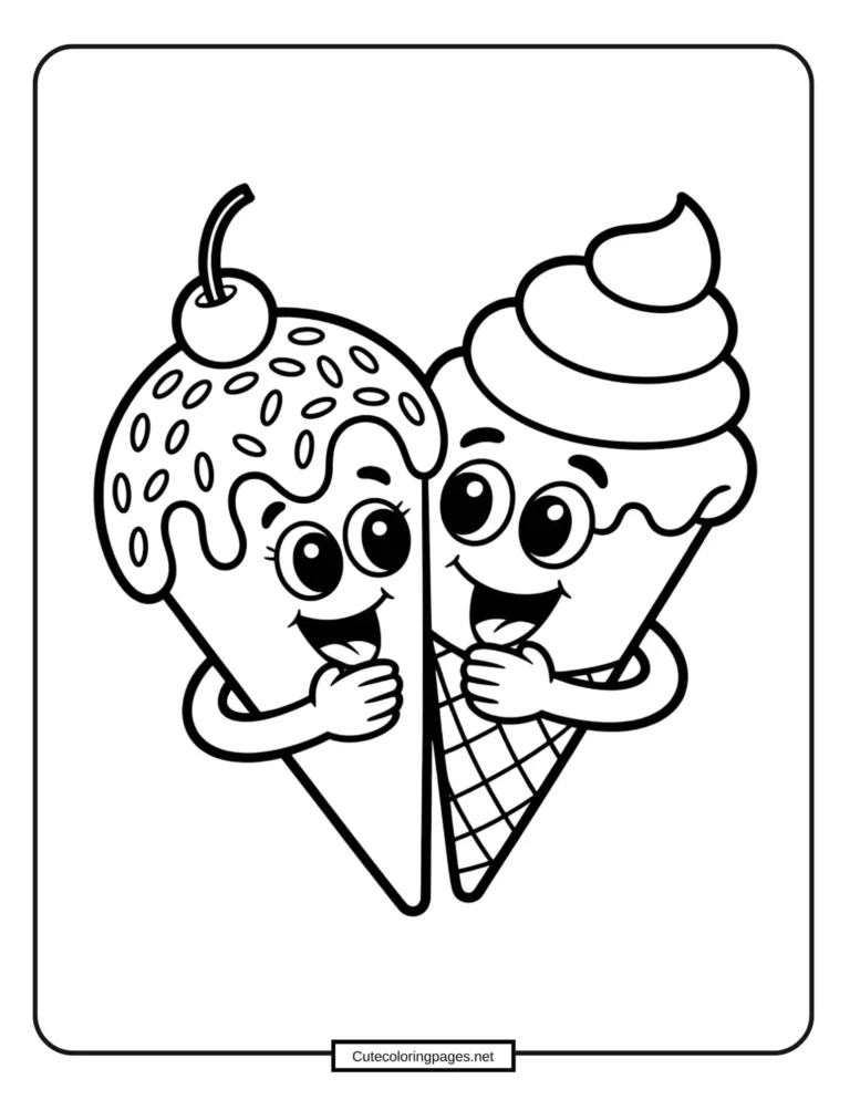Hugging Ice Cream Cone Friends Coloring Page