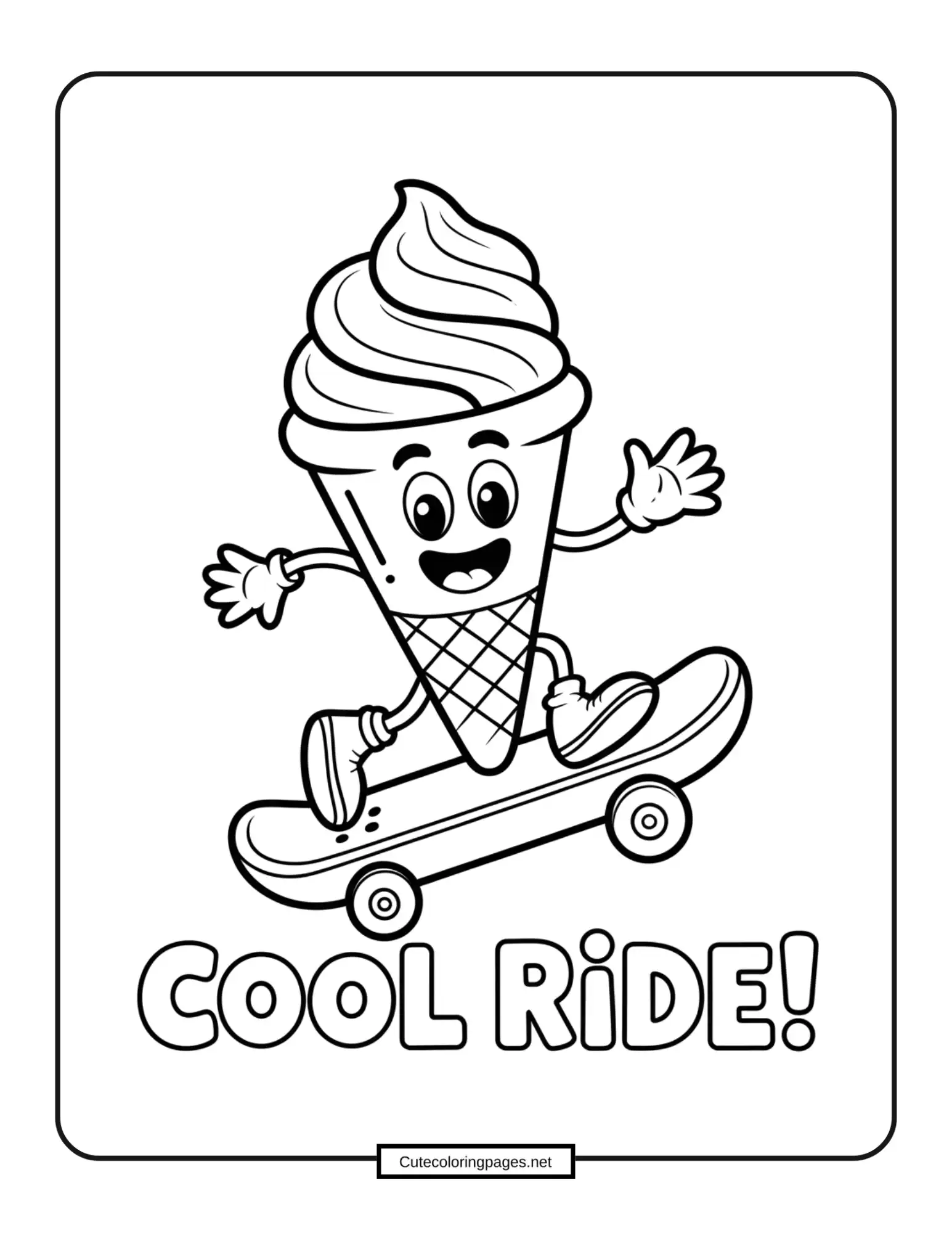 Ice cream cone riding a skateboard, action coloring page