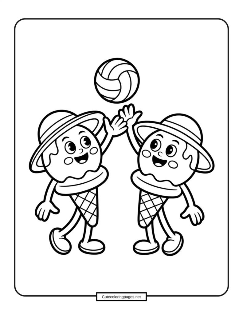 Ice cream cones playing volleyball at the beach, summer coloring page