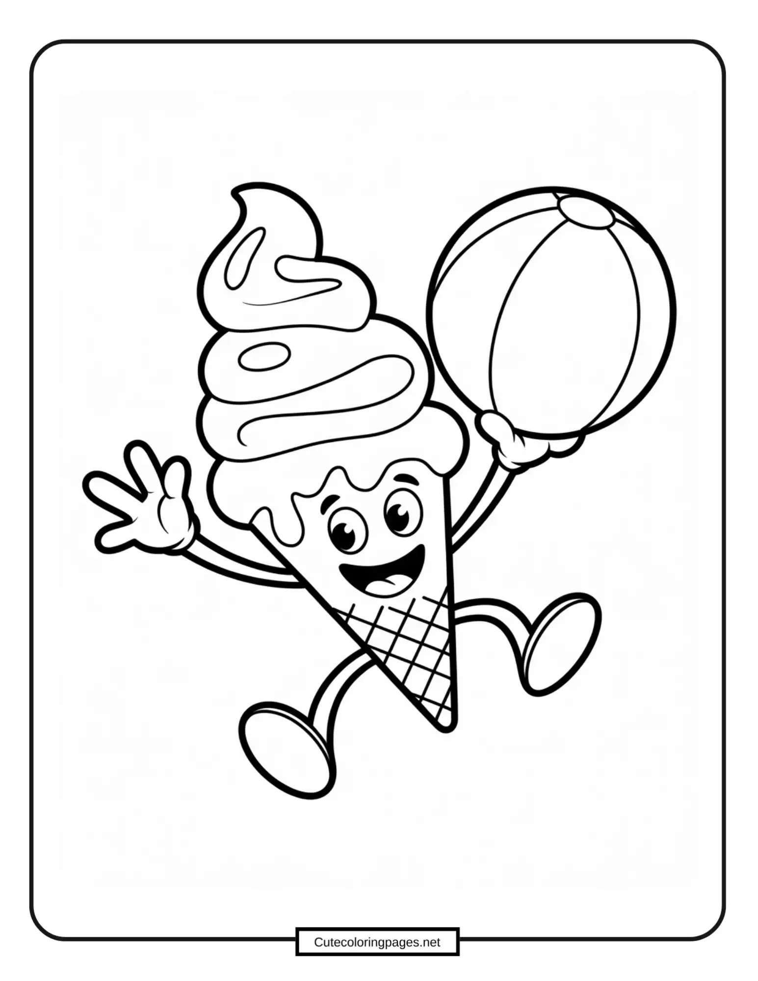 Ice cream cone with a beach ball, summer fun coloring page