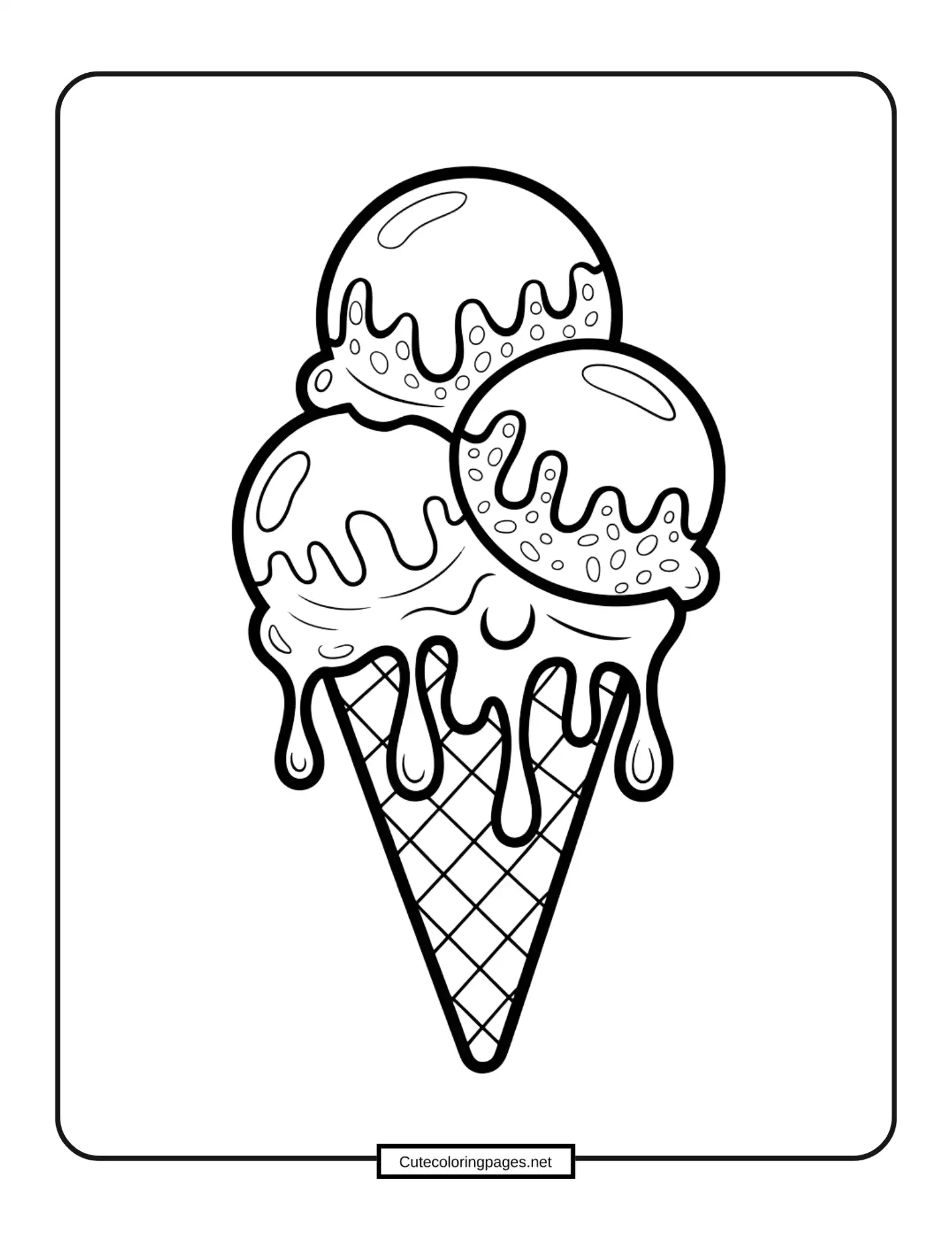Melting ice cream cone with colorful sprinkles, printable coloring sheet