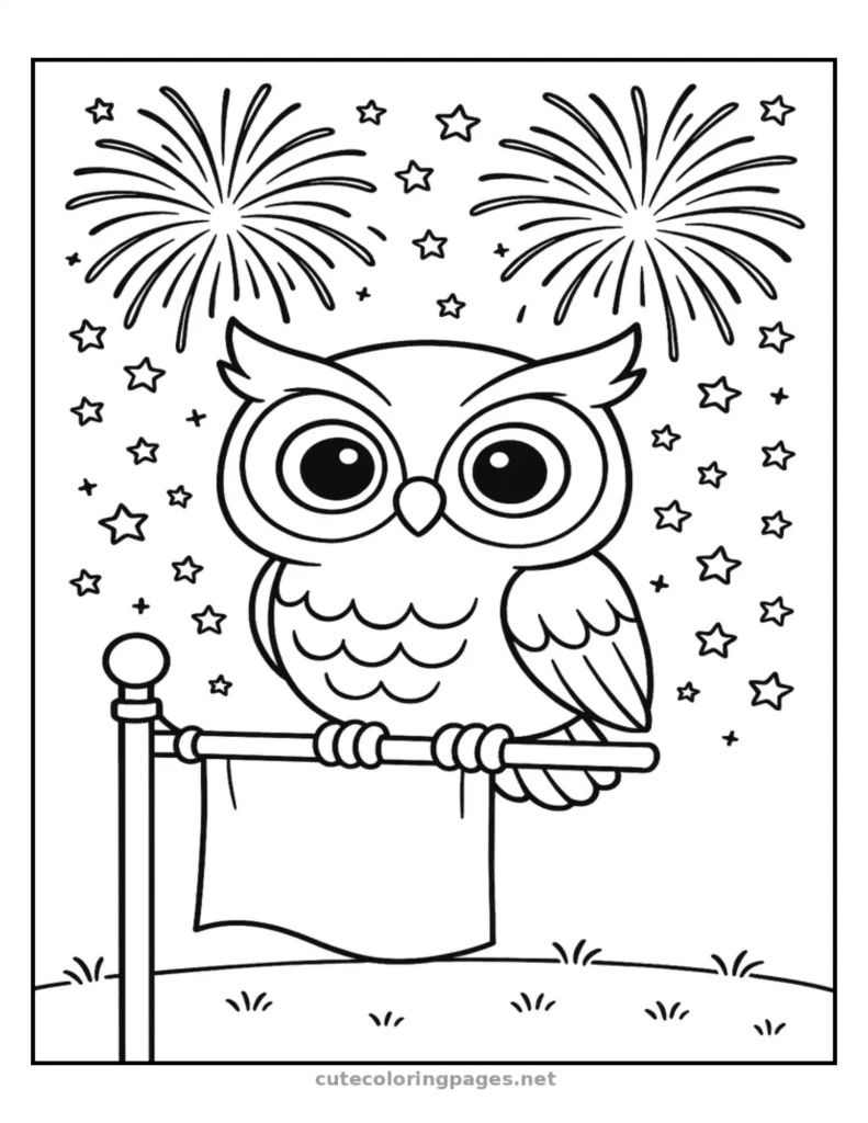 Owl watching fireworks, fun 4th of July coloring page for kids