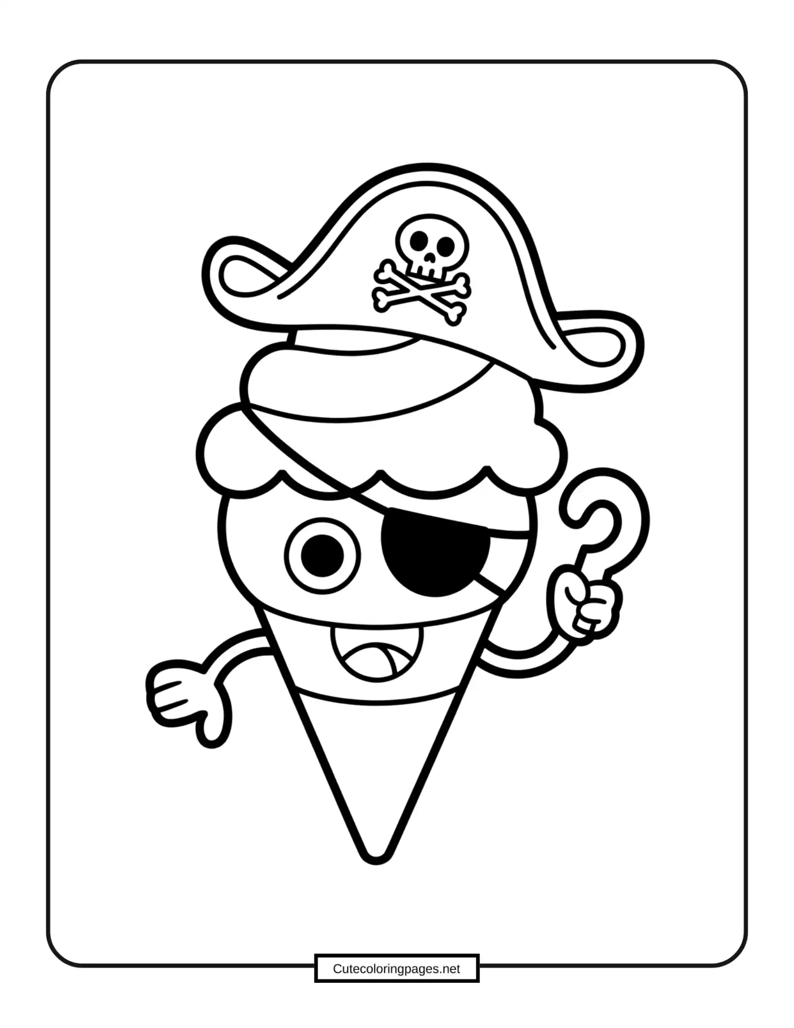 Pirate ice cream cone with eye patch and hat, adventure coloring page