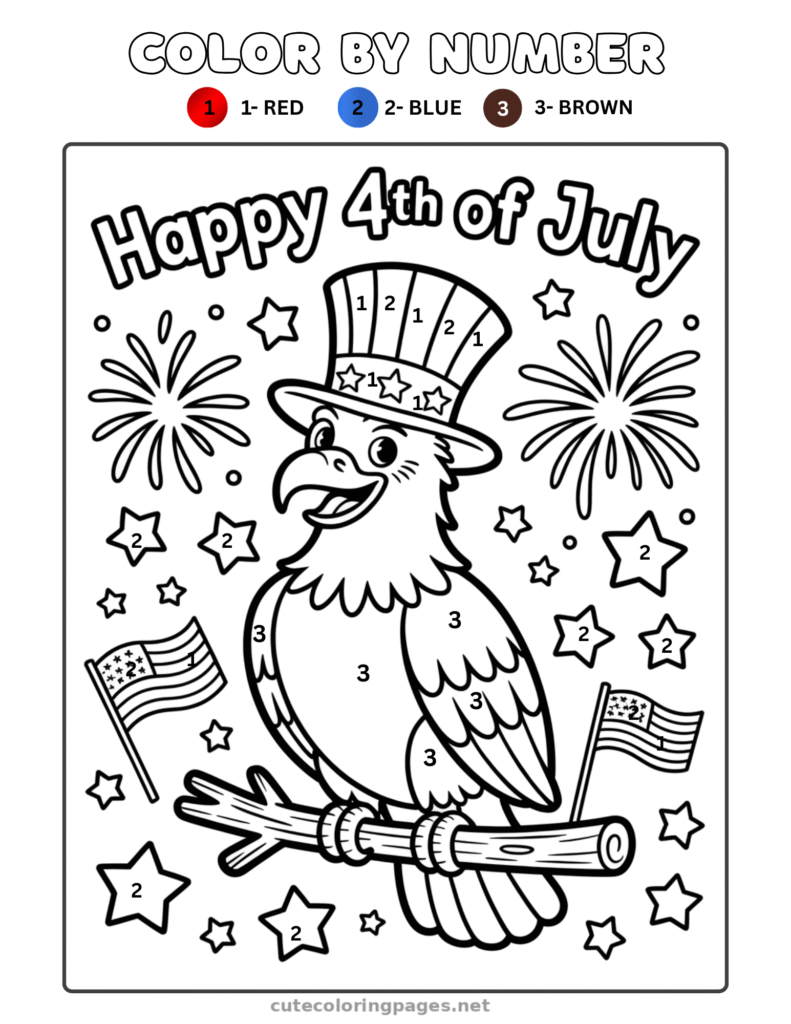 Bald eagle 4th of July color by number printable USA activity page