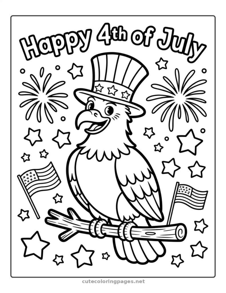 Smiling bald eagle wearing a top hat,4th of July coloring pages 