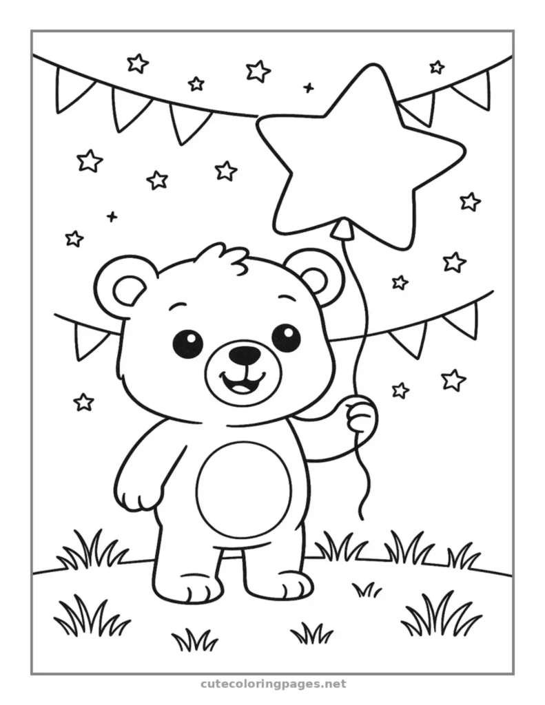 Cute bear holding a balloon, simple 4th of July coloring activity for children