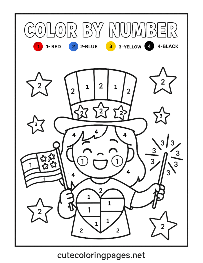 Cute kid celebrating 4th of July color by number activity pages