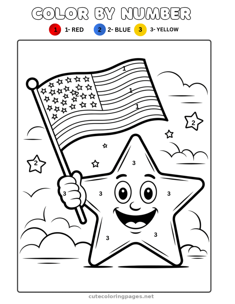 Cute star holding American flag 4th of July color by number page
