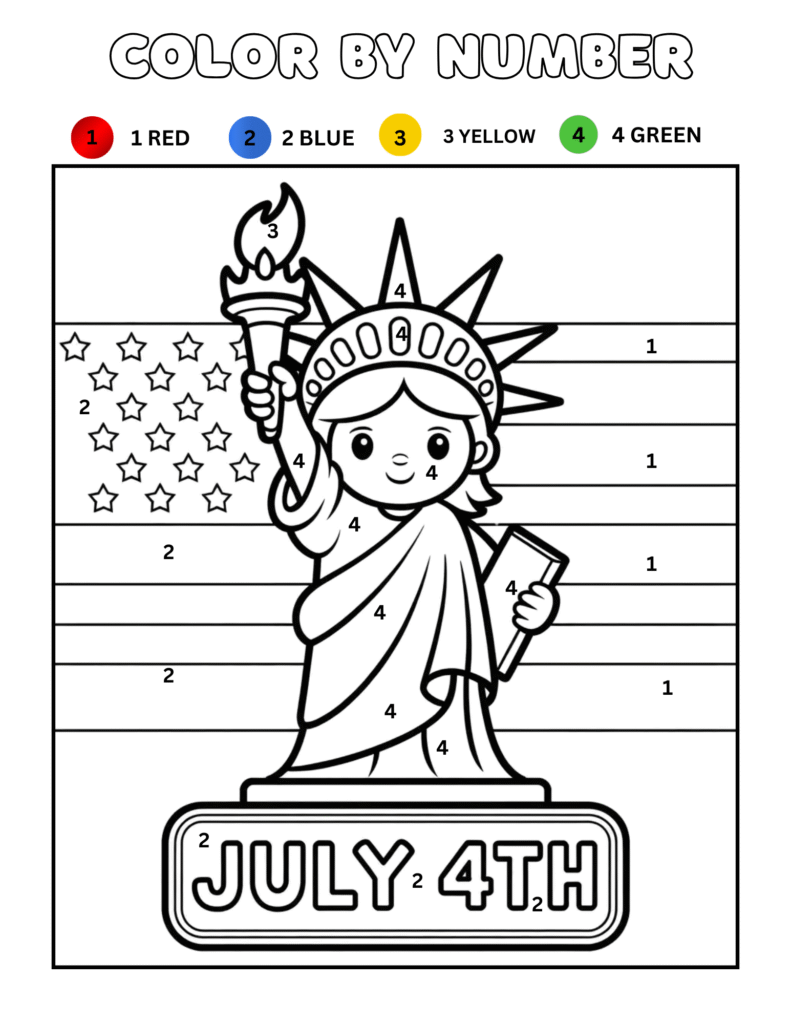 Cute Statue of Liberty 4th of July color by number page